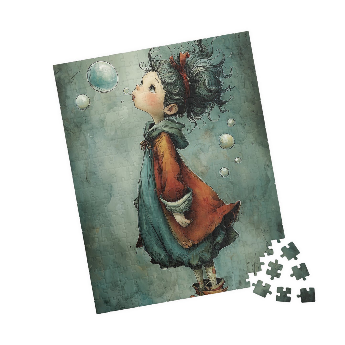 Blue Colored Little Girl and Bubble Puzzles - Enchanting Artwork for Family Fun, Stress Relief