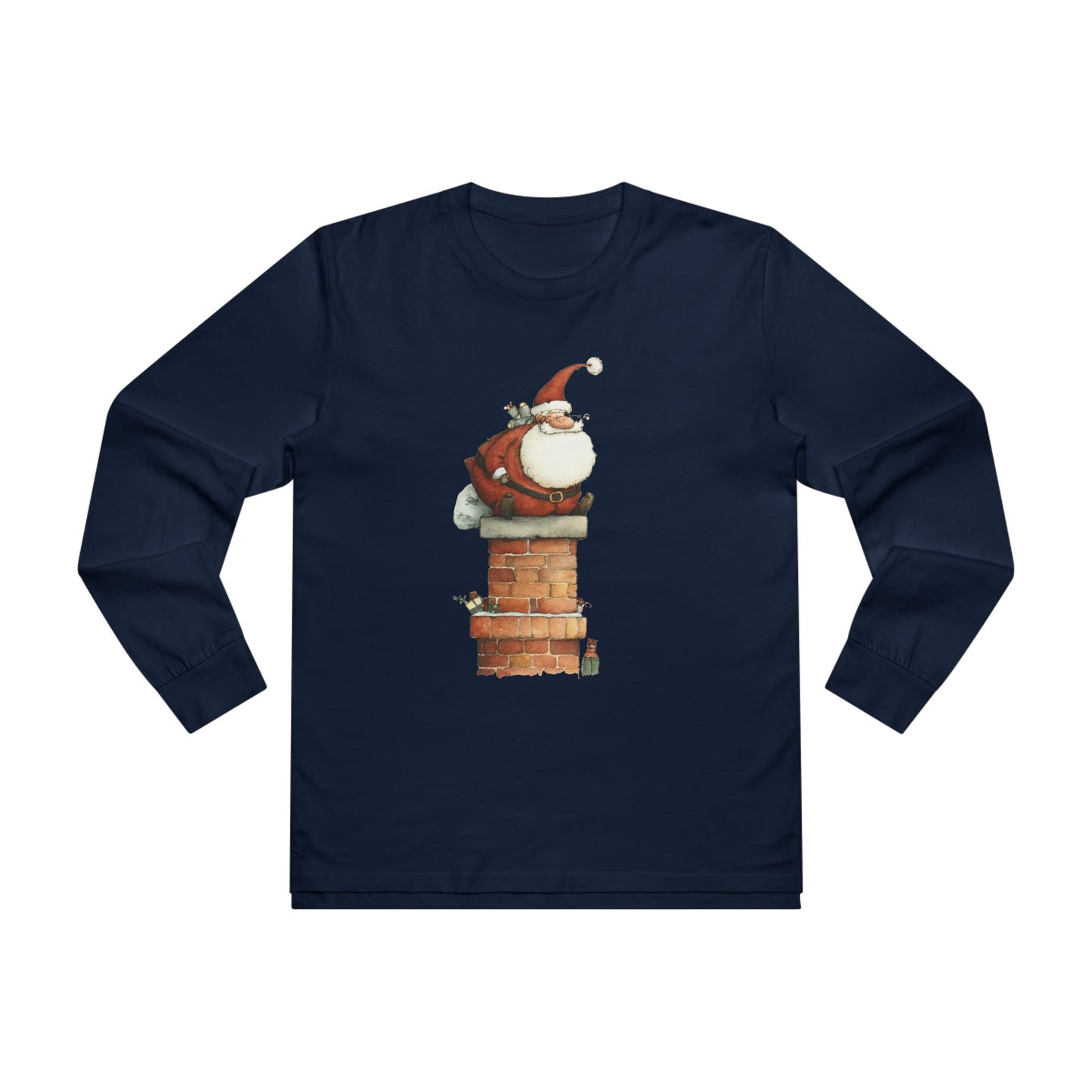 Festive Men’s Base Longsleeve Tee, Christmas Shirt, Santa in Chimney Design