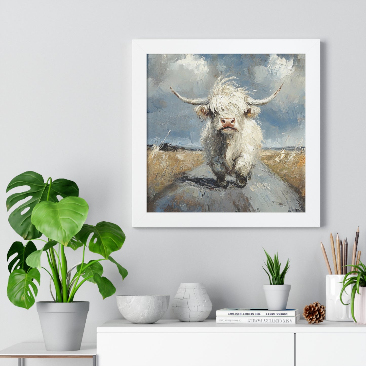 Poster - Cute White Highland Cow Running Down Road Escapee