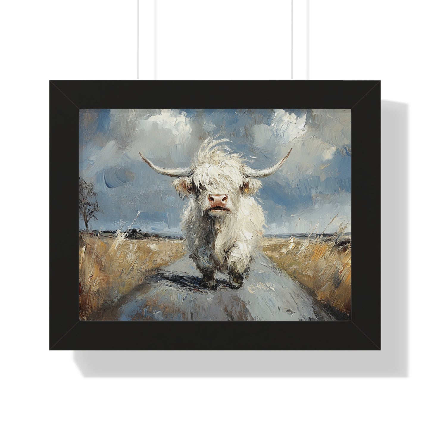 Poster - Cute White Highland Cow Running Down Road Escapee