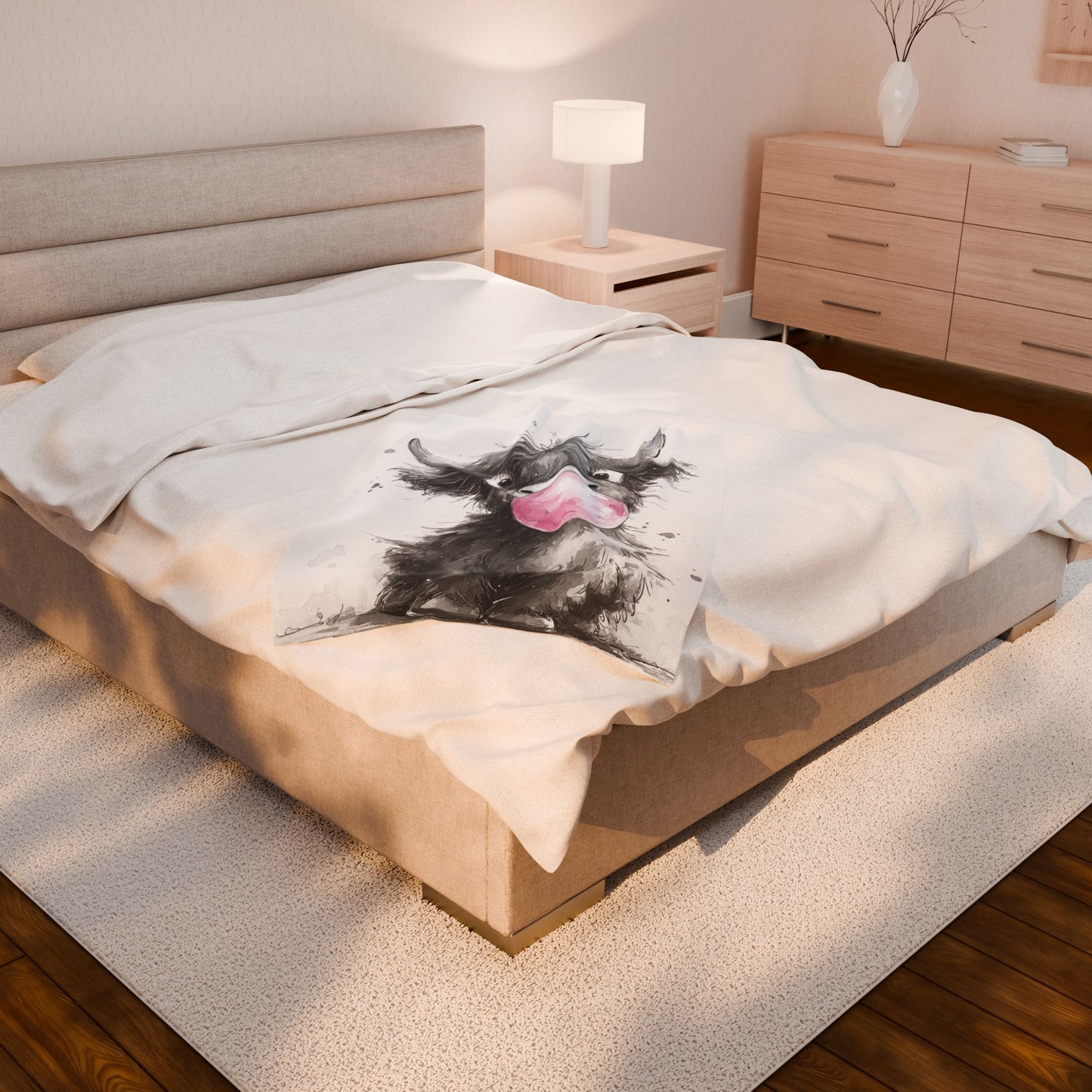 Adorable Baby Highland Cow Bubblegum Velveteen Throw Blanket