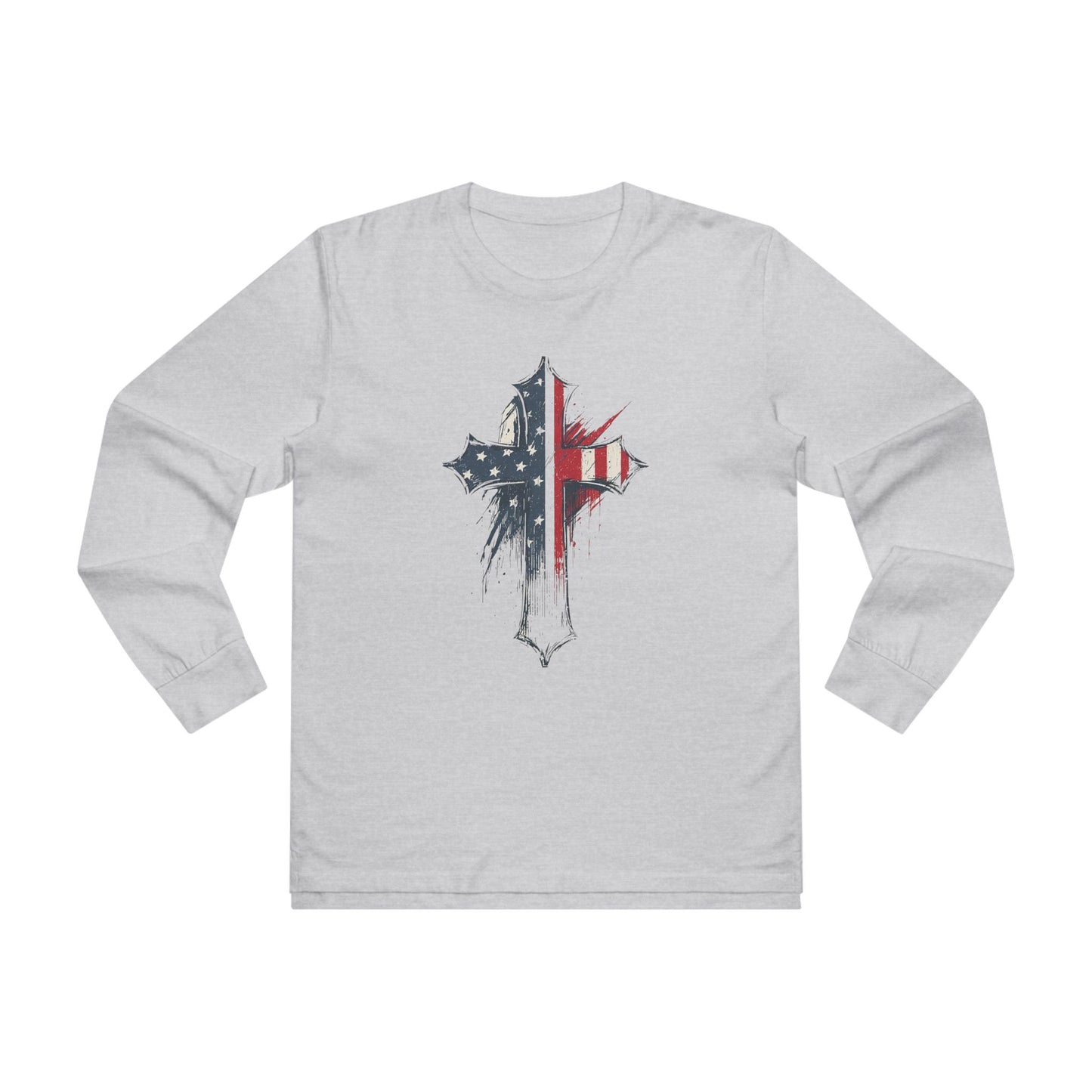 Patriotic Long Sleeve Tee with Distressed Flag Cross, USA Pride Shirt, Casual Wear, Gift for Veterans, Memorial Day, Independence Day