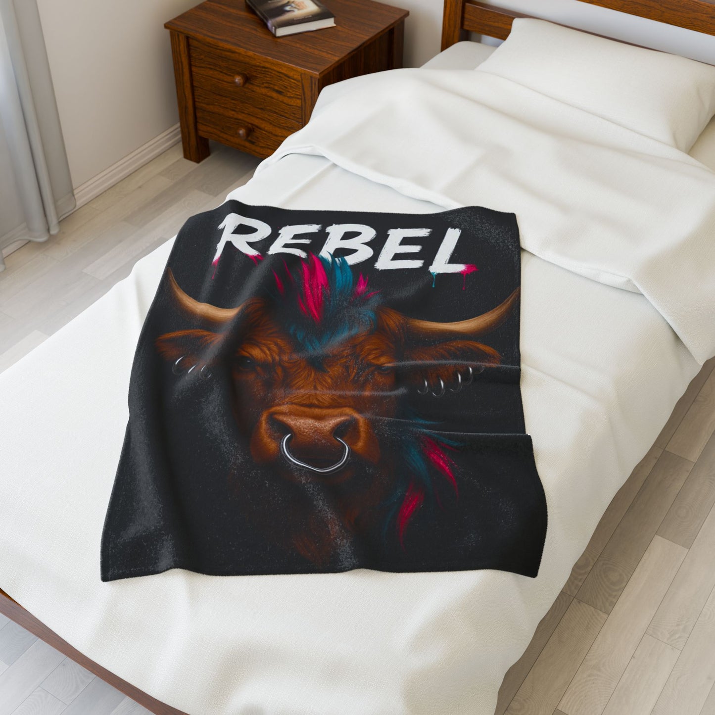 Rebel Cow Velveteen Plush Blanket, Cozy Throw for Animal Lovers, Unique Home Decor, Gift for Him/Her, Cow Decor