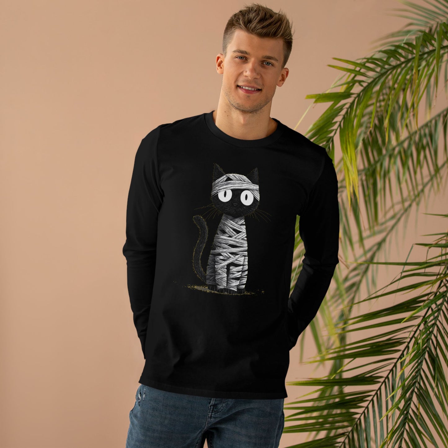 Men’s Cat Mummy Longsleeve Tee, Fun Halloween Shirt, Cat Lover Gift, Cozy Fall Fashion, Unique Graphic Tee
