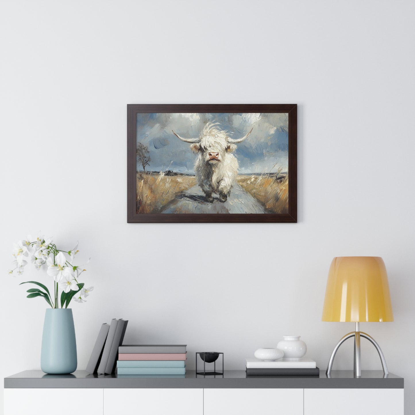 Poster - Cute White Highland Cow Running Down Road Escapee