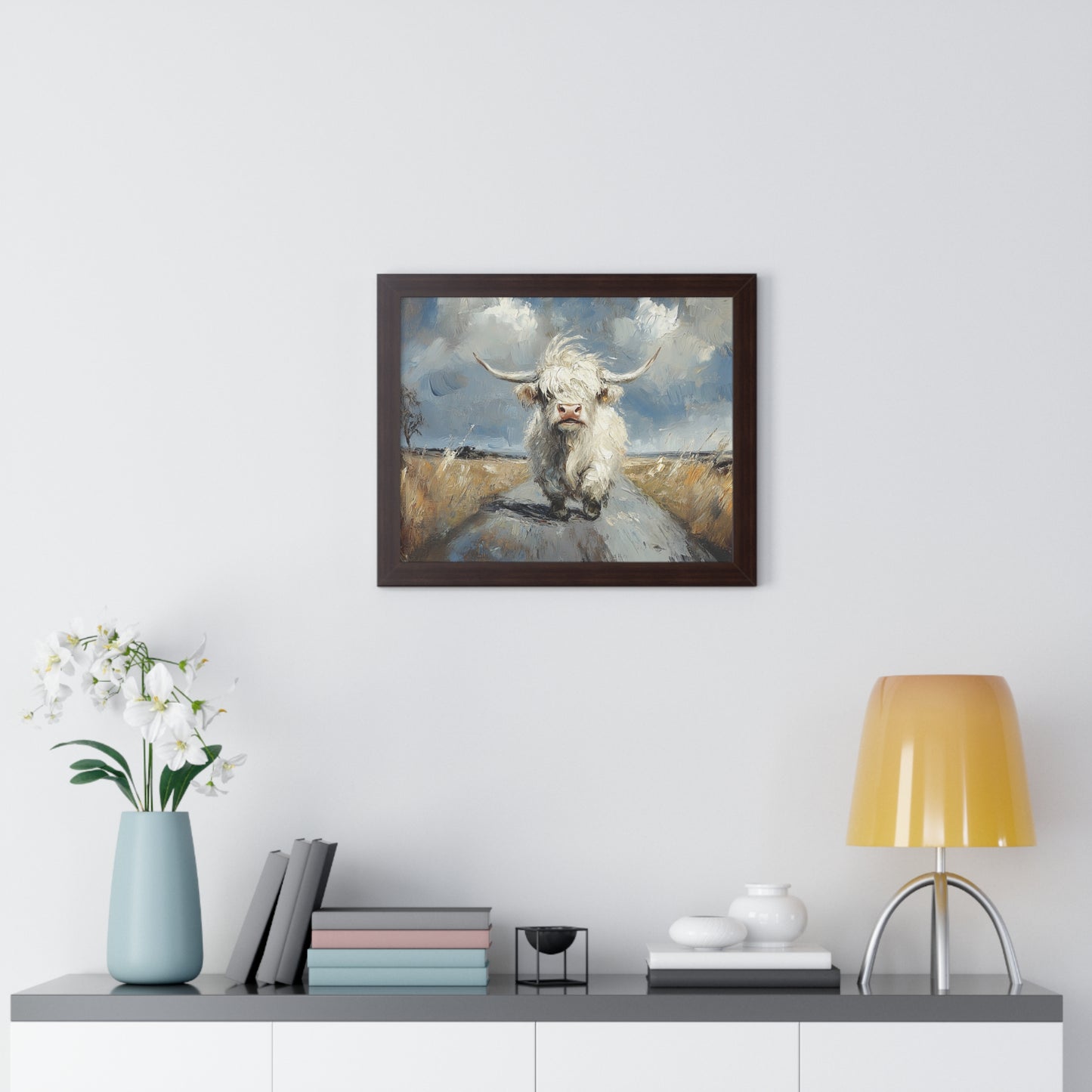 Poster - Cute White Highland Cow Running Down Road Escapee