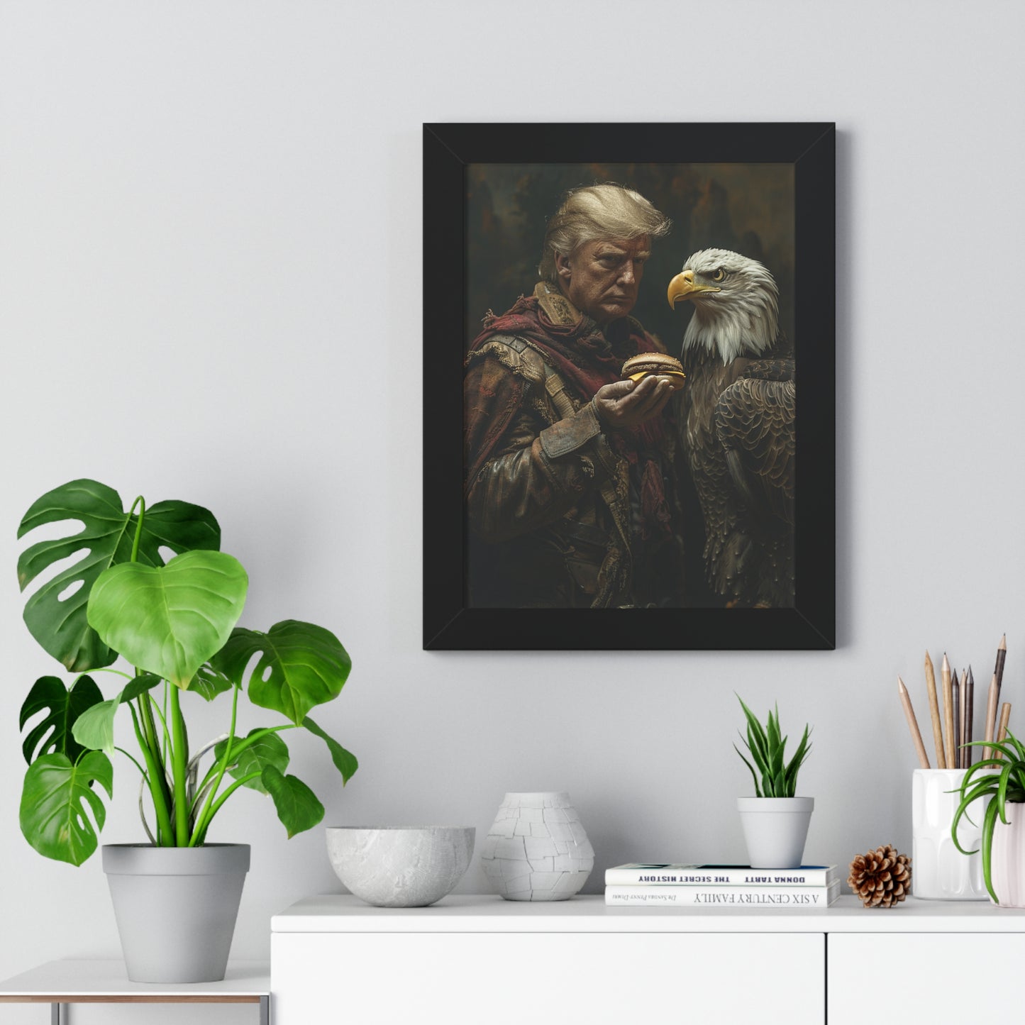 Donald Trump Framed Vertical Poster - Patriotic Wall Art, American Decor, Unique Gift, Home Office Decor, Eagle & Burger Design