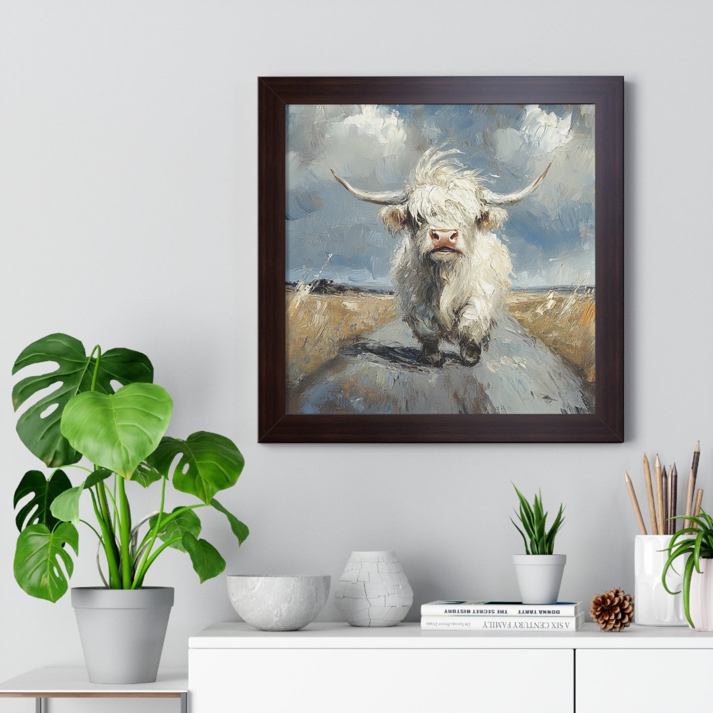Poster - Cute White Highland Cow Running Down Road Escapee