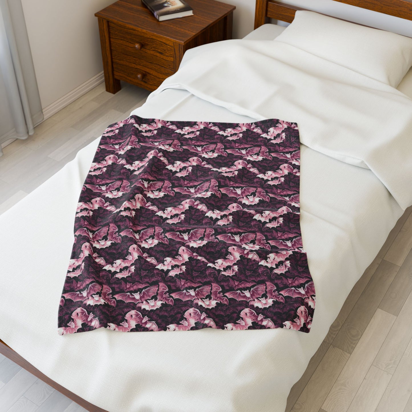Cozy Pink Halloween Bats Velveteen Plush Blanket with Botanical Design | Perfect for Home Decor, Gifts, Girl Grunge