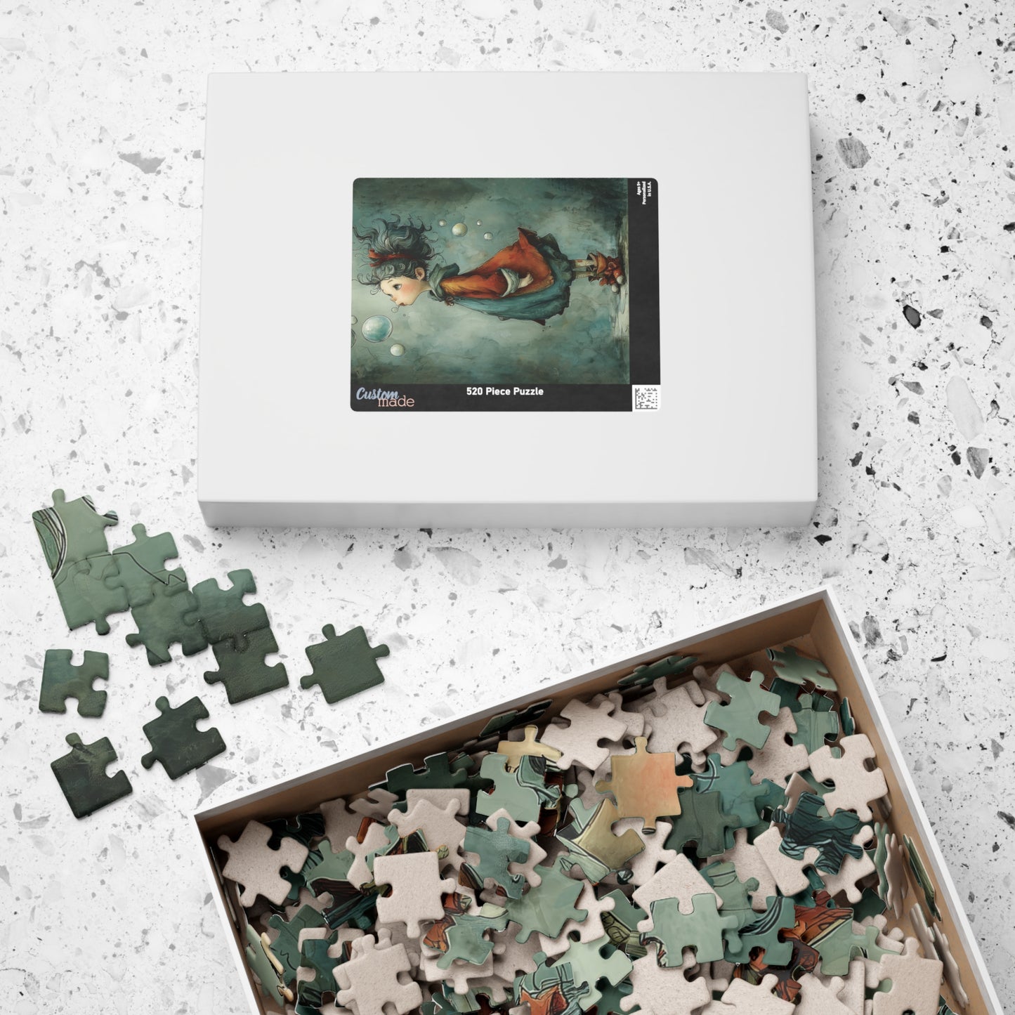 Blue Colored Little Girl and Bubble Puzzles - Enchanting Artwork for Family Fun, Stress Relief