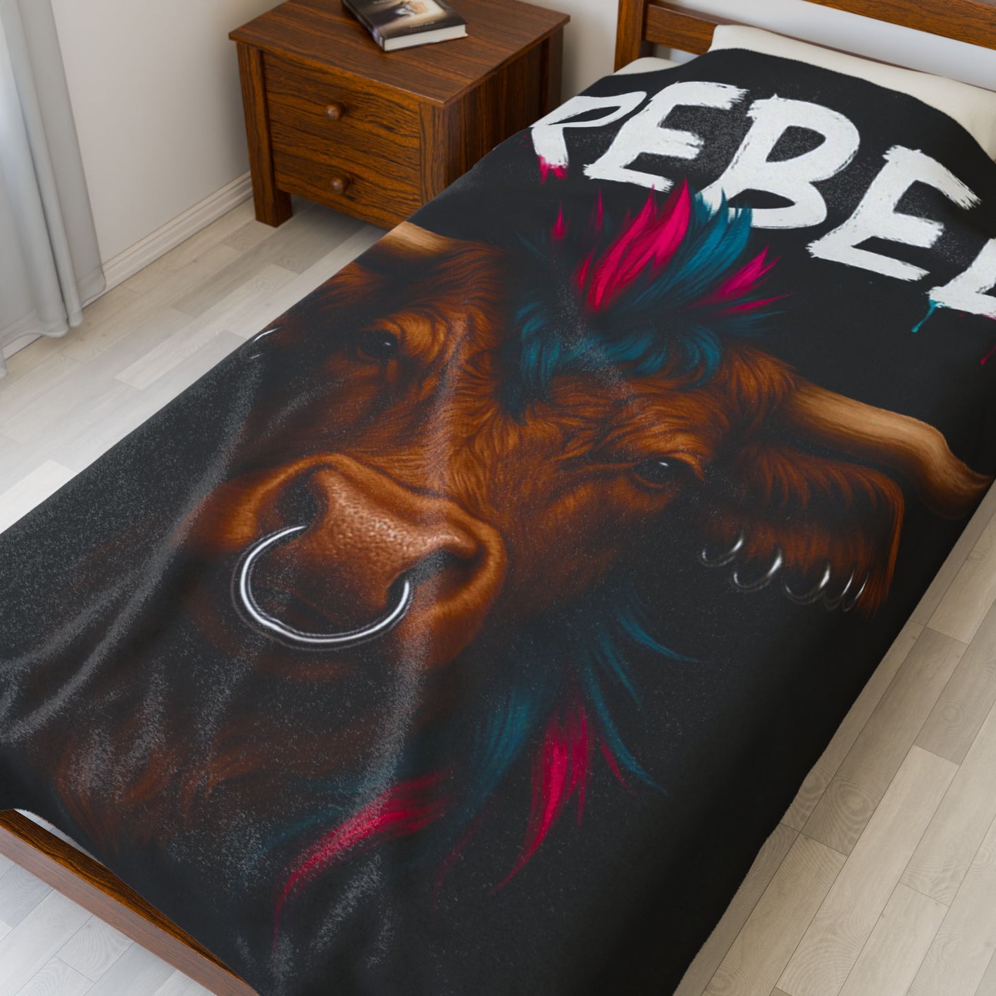 Rebel Cow Velveteen Plush Blanket, Cozy Throw for Animal Lovers, Unique Home Decor, Gift for Him/Her, Cow Decor