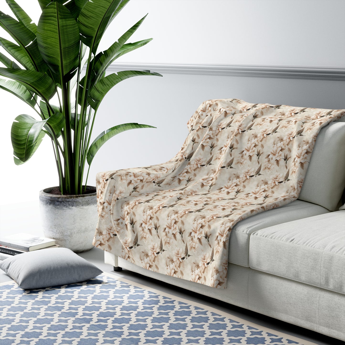 Sherpa Fleece Blanket - Ivory Hummingbirds