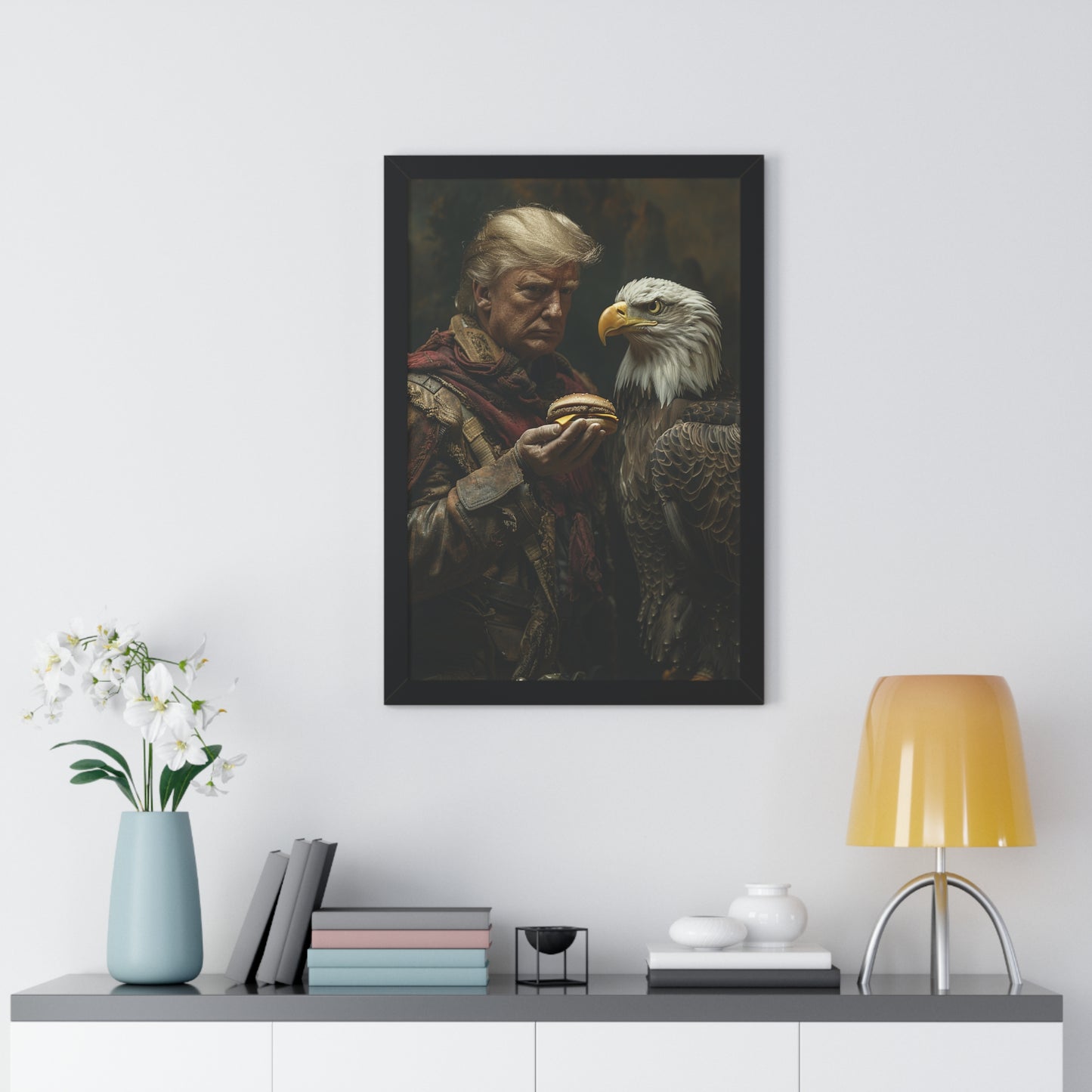 Donald Trump Framed Vertical Poster - Patriotic Wall Art, American Decor, Unique Gift, Home Office Decor, Eagle & Burger Design