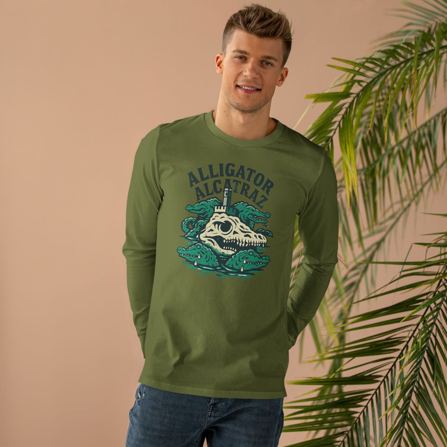 Alligator Alcatraz Longsleeve Tee for Men | Casual Style, Gift for Adventurers, Unique Graphic Tee, Eco-Friendly Fashion, Perfect for Travel