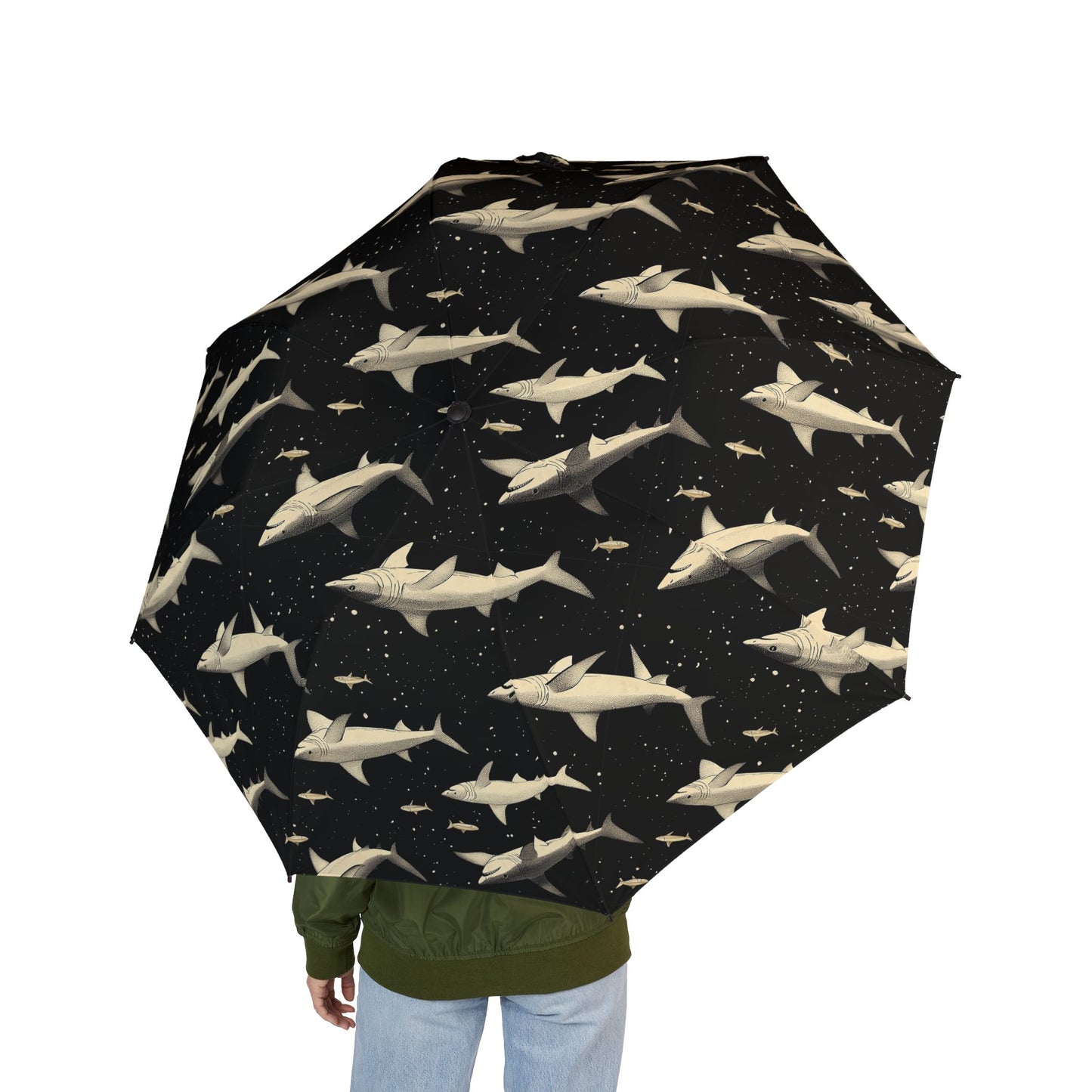 Shark Print Foldable Umbrella | Waterproof Travel Umbrella, Compact Beach Umbrella, Unique Shark Decor, Gift for Cyclists, Stylish Umbrella
