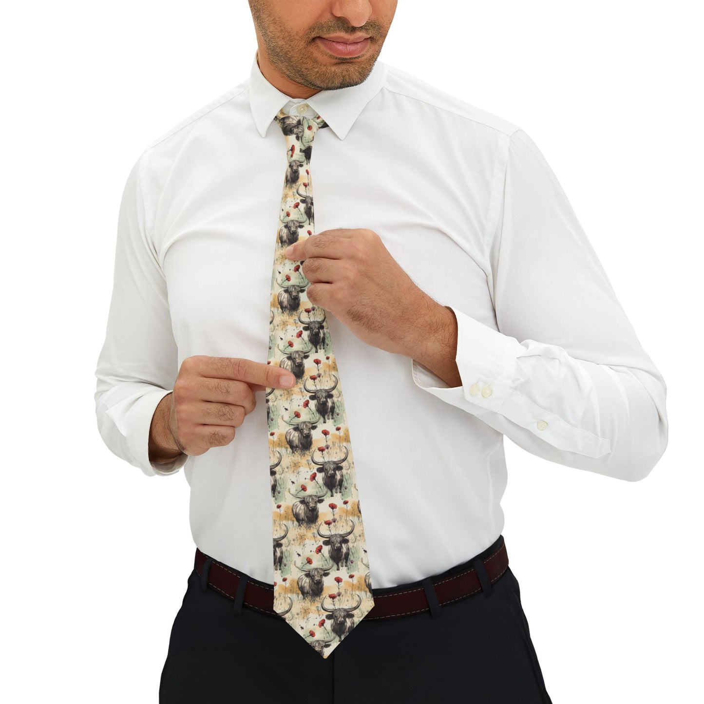Grunge Colors Short Legged Highland Cow Print Necktie, Gift for Scottish Cow Lovers, Homestead Print