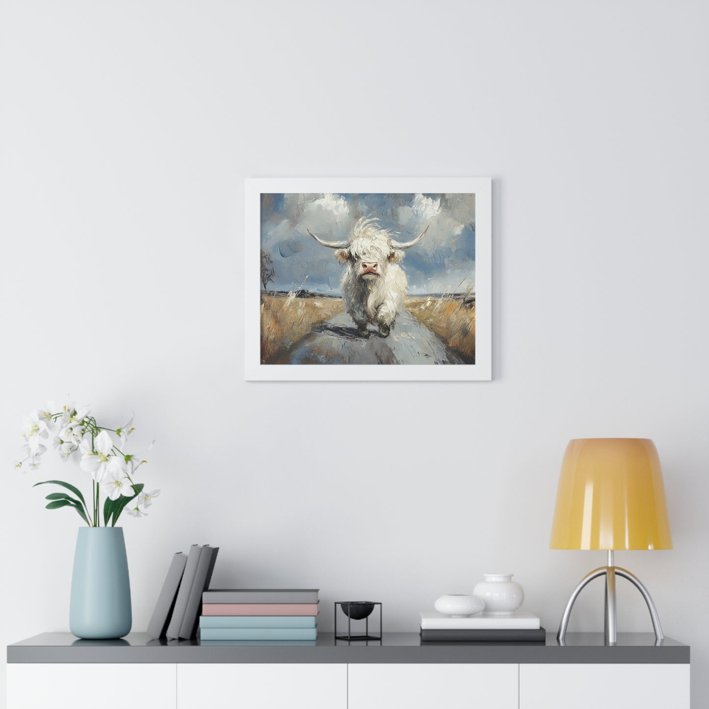 Poster - Cute White Highland Cow Running Down Road Escapee