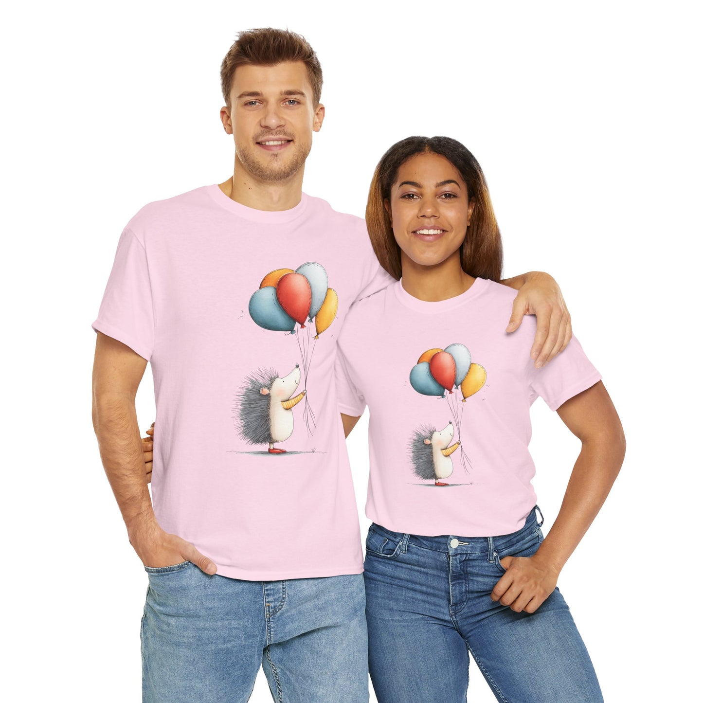 Adorable Hedgehog Balloon Tee, Cute Animal T-Shirt, Unisex Casual Wear, Birthday Gift, Fun Graphic Top