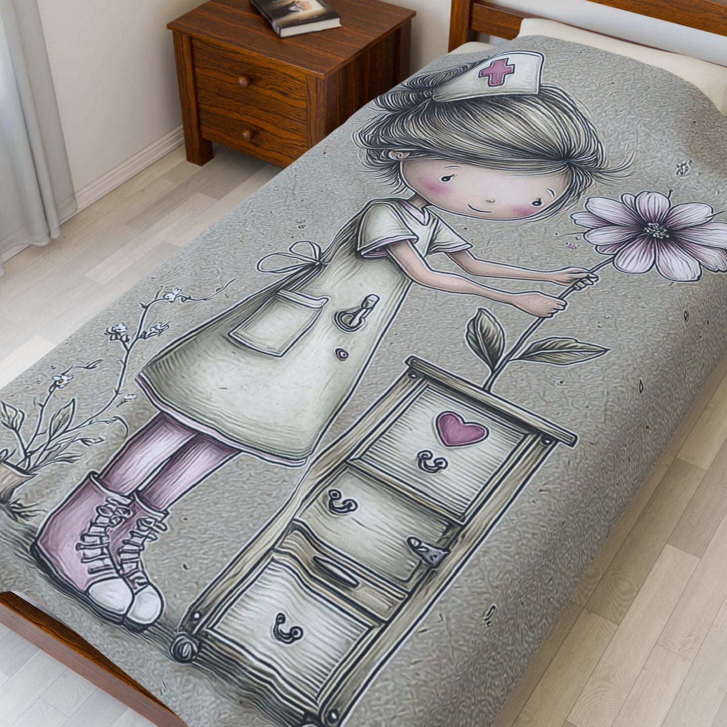 Nurse Floral Velveteen Plush Blanket, Cozy Throw for Healthcare Workers, Gift for Nurses, Relaxation Home Decor, Soft Bedding Accents