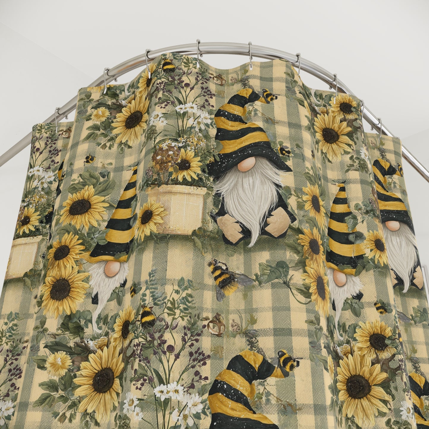 Whimsical Gnome & Sunflower Shower Curtain, Rustic Bathroom Decor, Farmhouse Style, Gift for Nature Lovers, Seasonal Home Accent