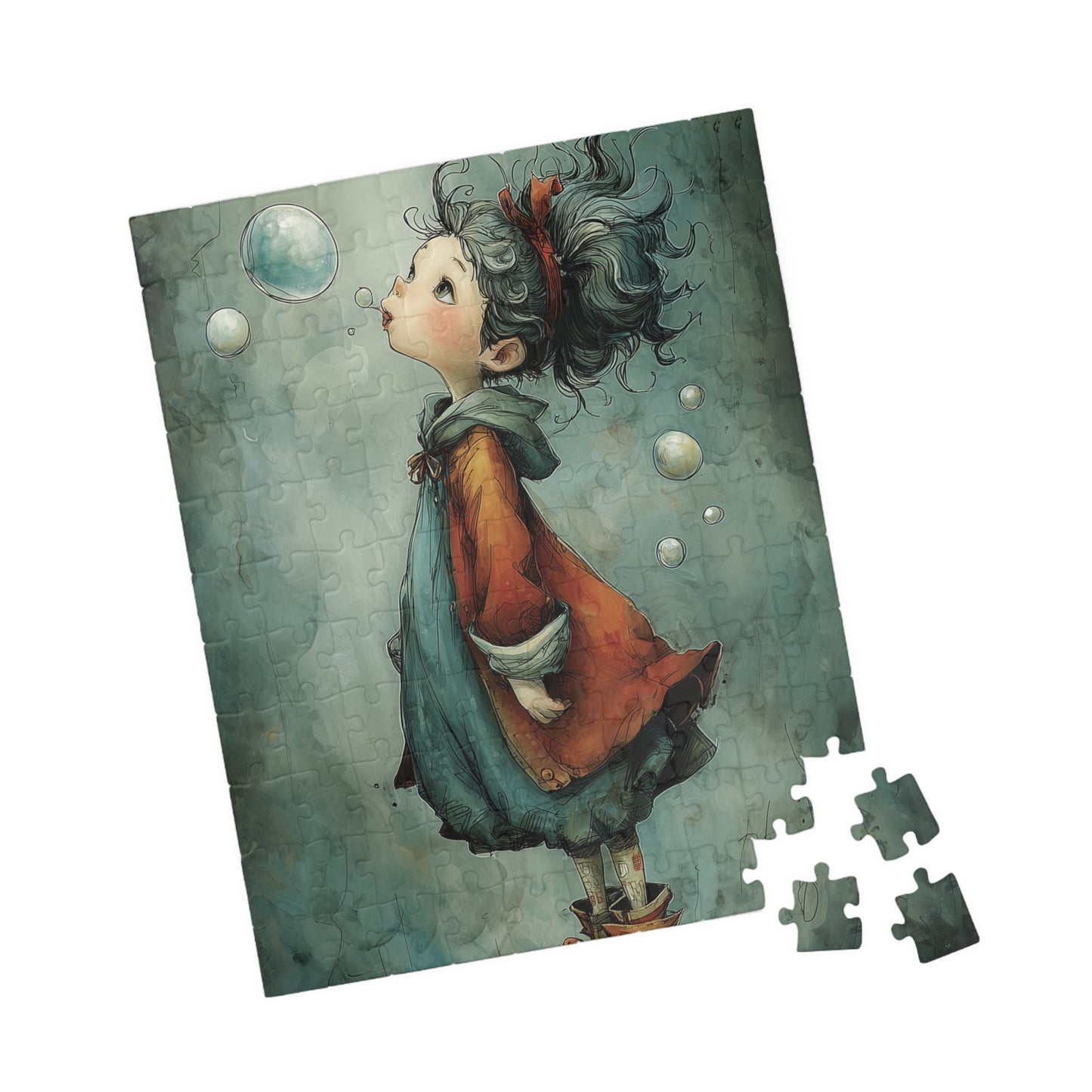 Blue Colored Little Girl and Bubble Puzzles - Enchanting Artwork for Family Fun, Stress Relief
