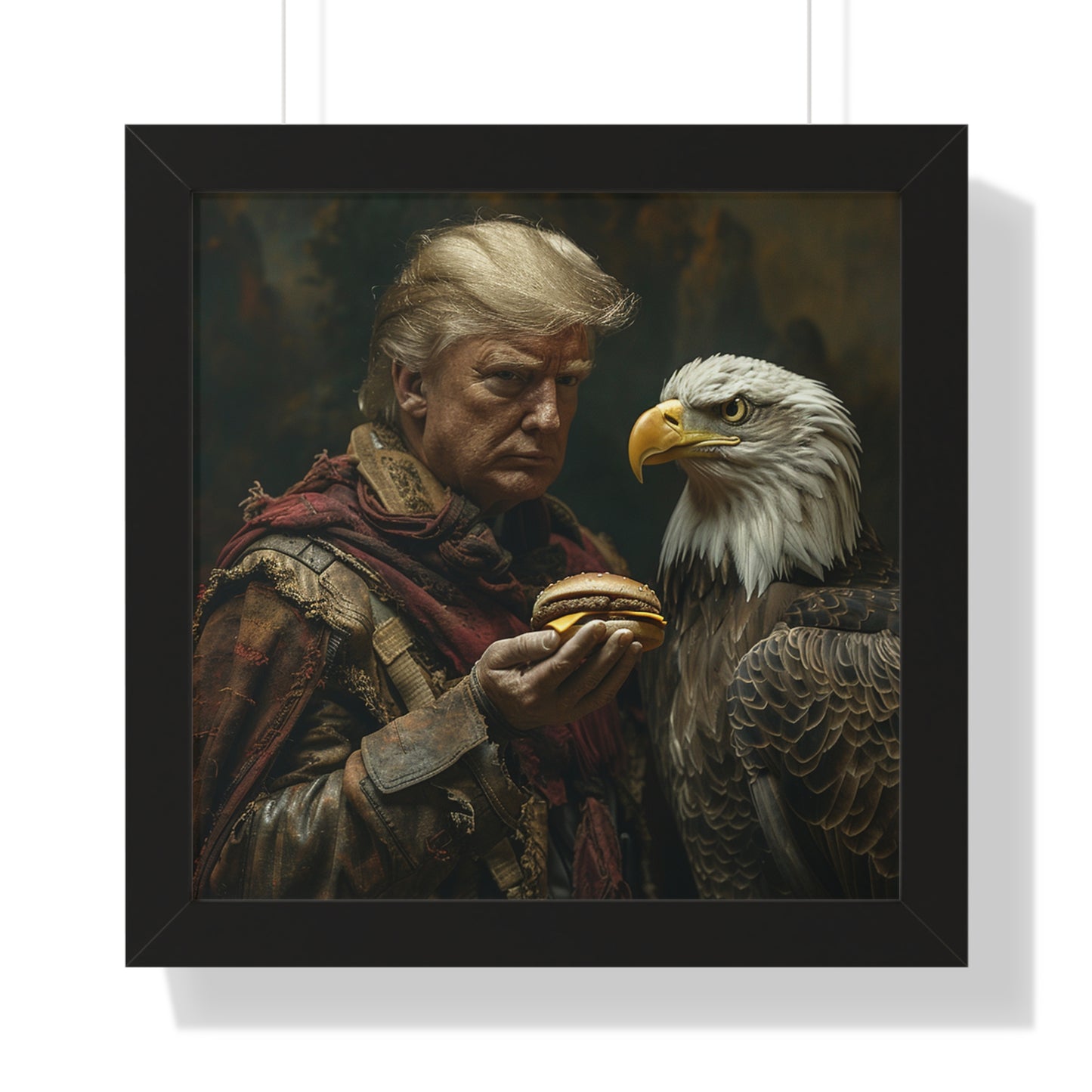Donald Trump Framed Vertical Poster - Patriotic Wall Art, American Decor, Unique Gift, Home Office Decor, Eagle & Burger Design