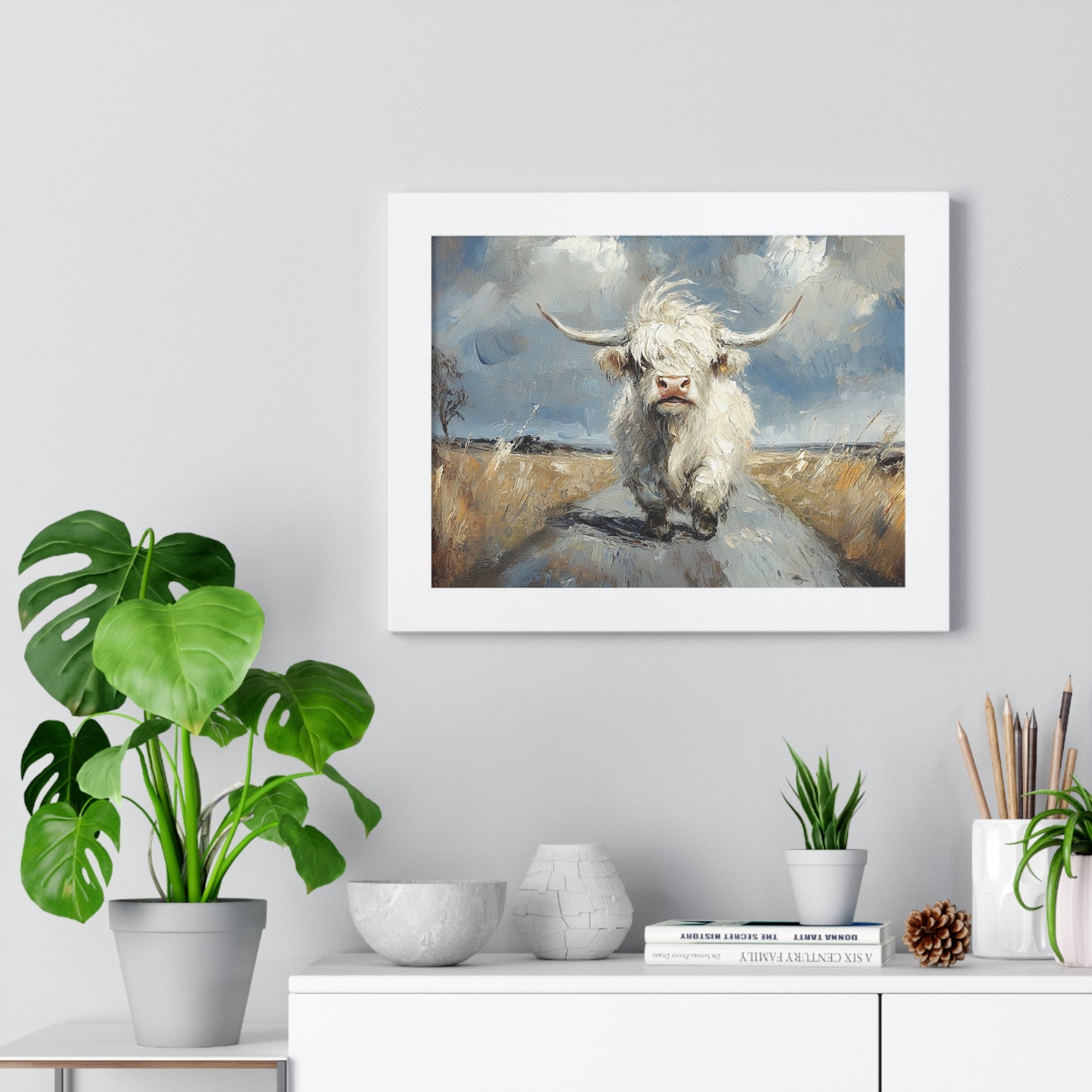 Poster - Cute White Highland Cow Running Down Road Escapee