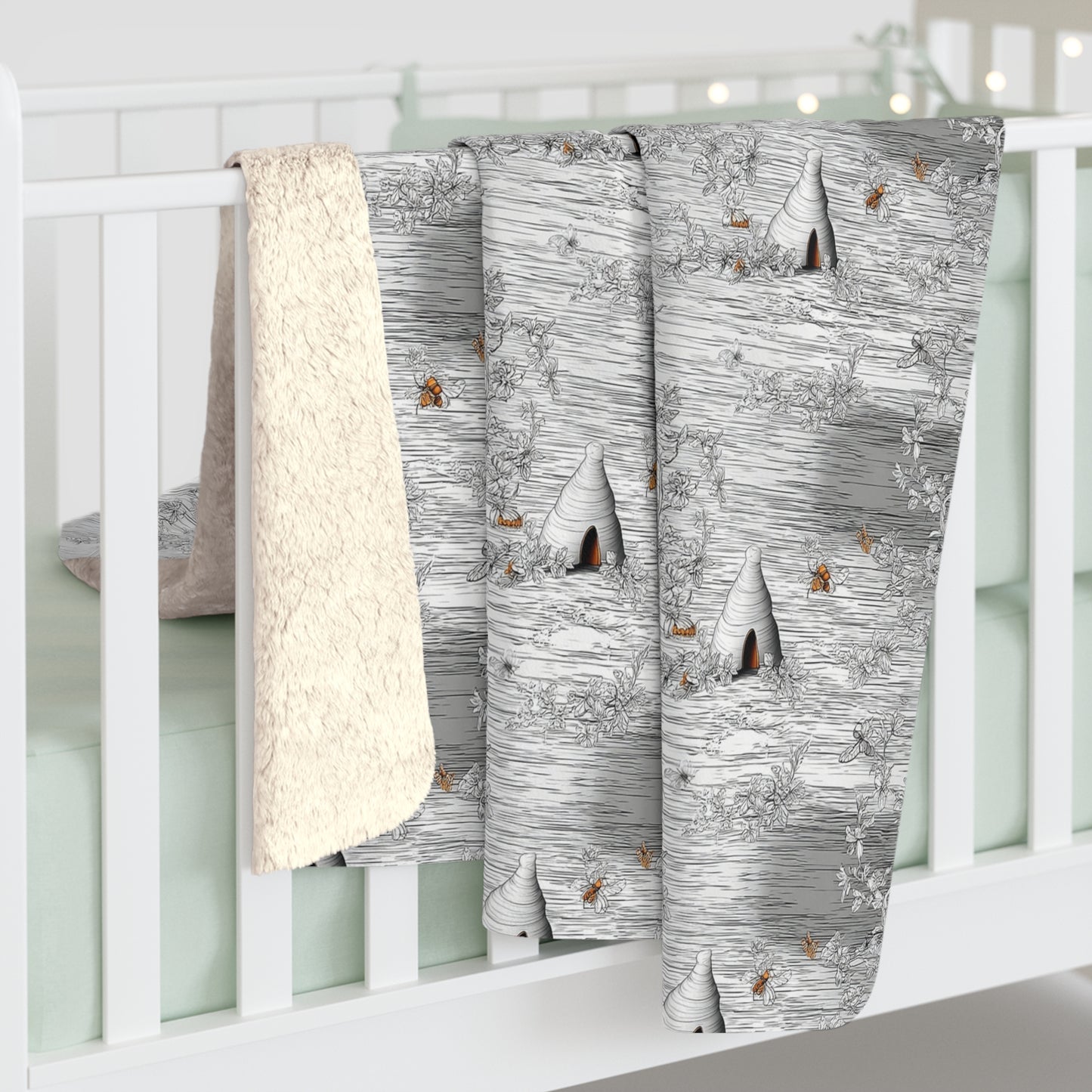 Line Art Bee Hives Sherpa Fleece Blanket, Winter Decor, Hygge Gift, Camping Essential, Gift for Him/Her