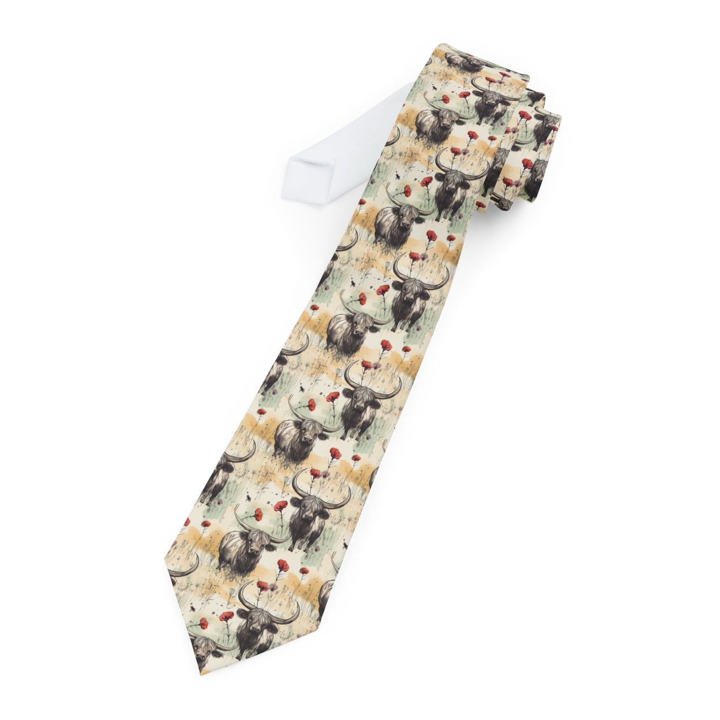 Grunge Colors Short Legged Highland Cow Print Necktie, Gift for Scottish Cow Lovers, Homestead Print