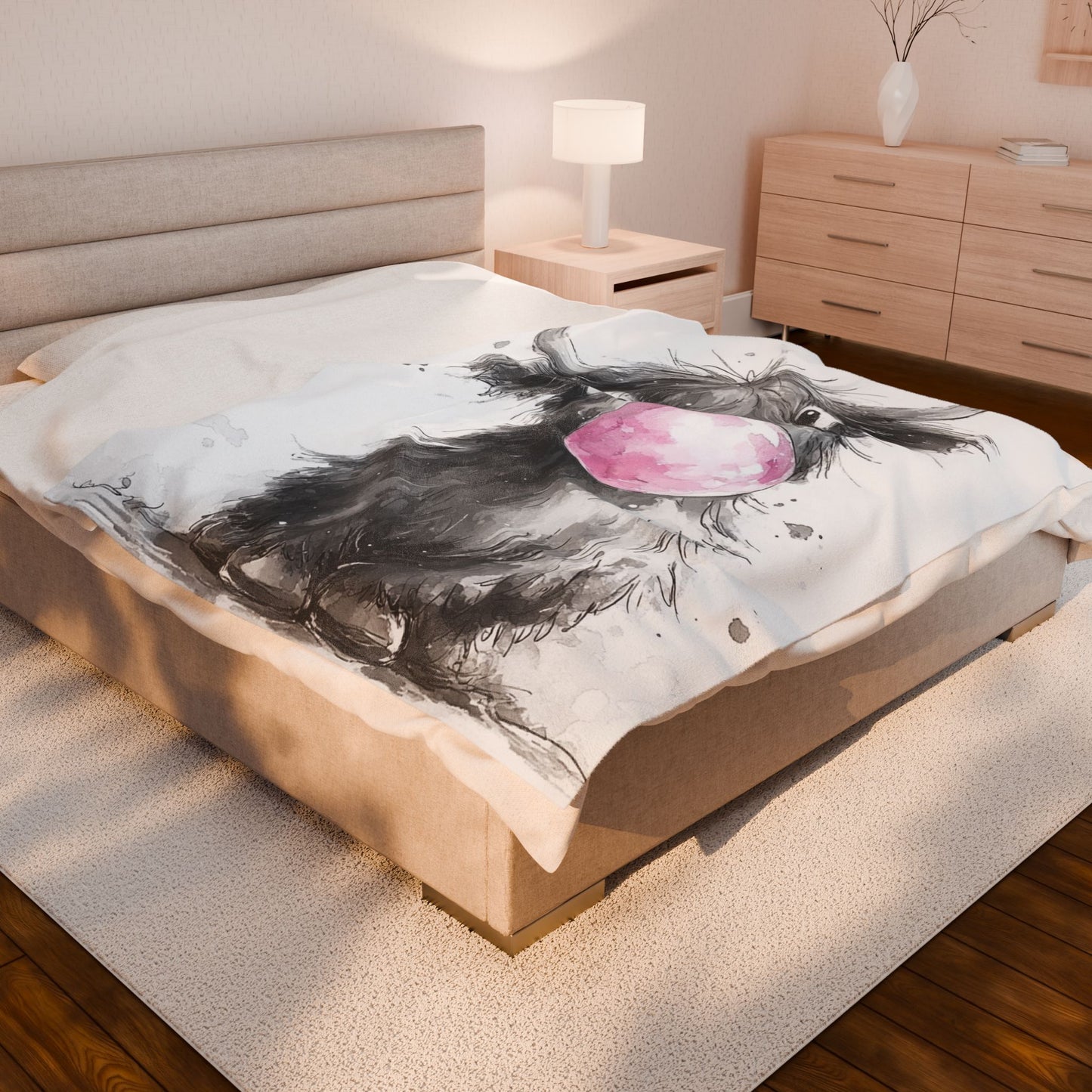 Adorable Baby Highland Cow Bubblegum Velveteen Throw Blanket