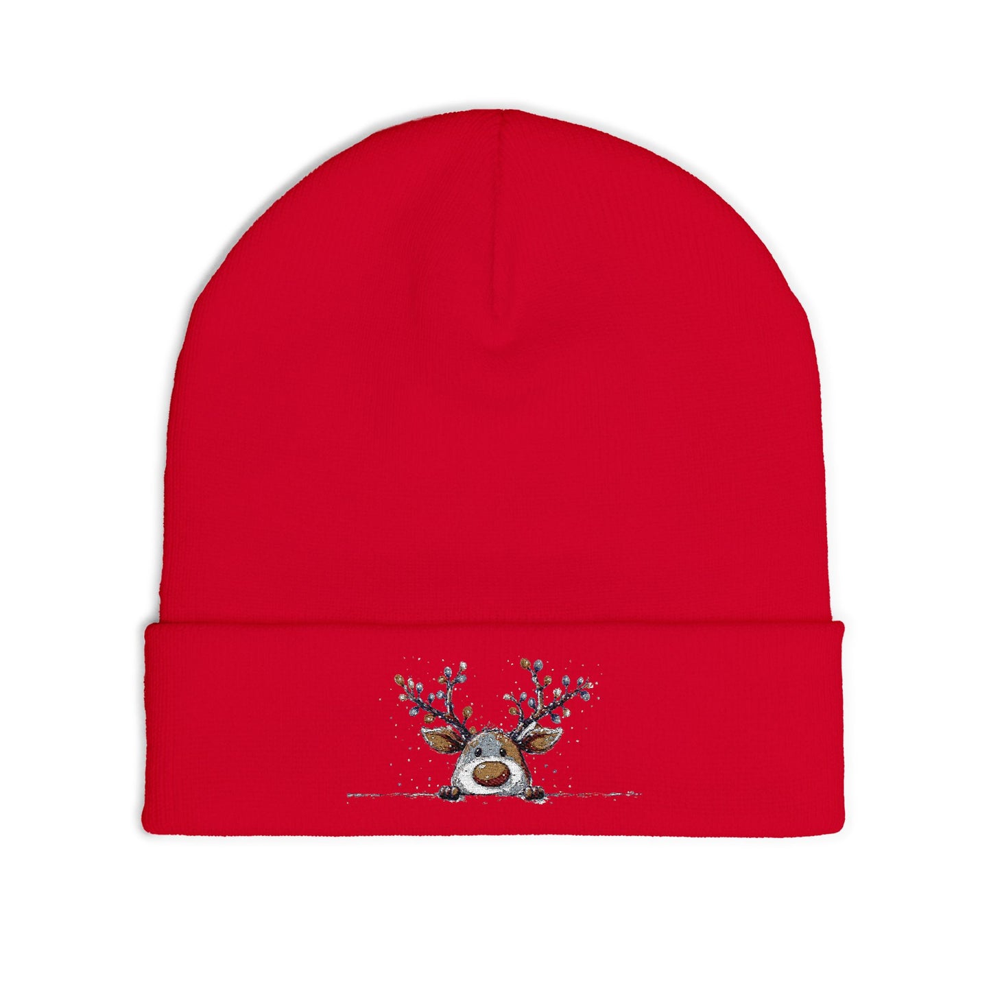Beanie Hat - Peeking Rudolf with Christmas Lights Embroidered