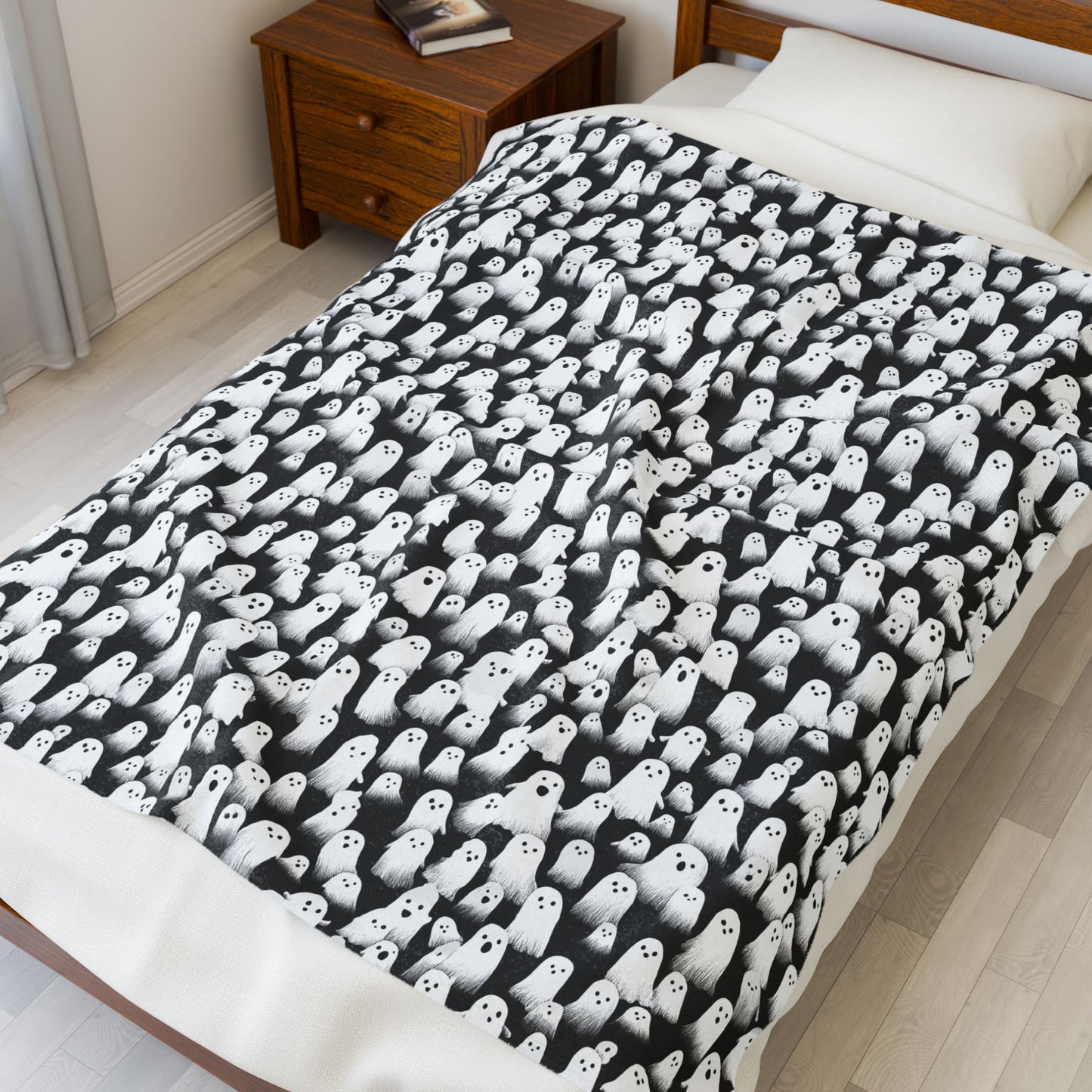 Ghostly Velveteen Plush Blanket for Cozy Nights, Halloween Decor, Gift Idea, Soft Throw Blanket, Living Room Accessory
