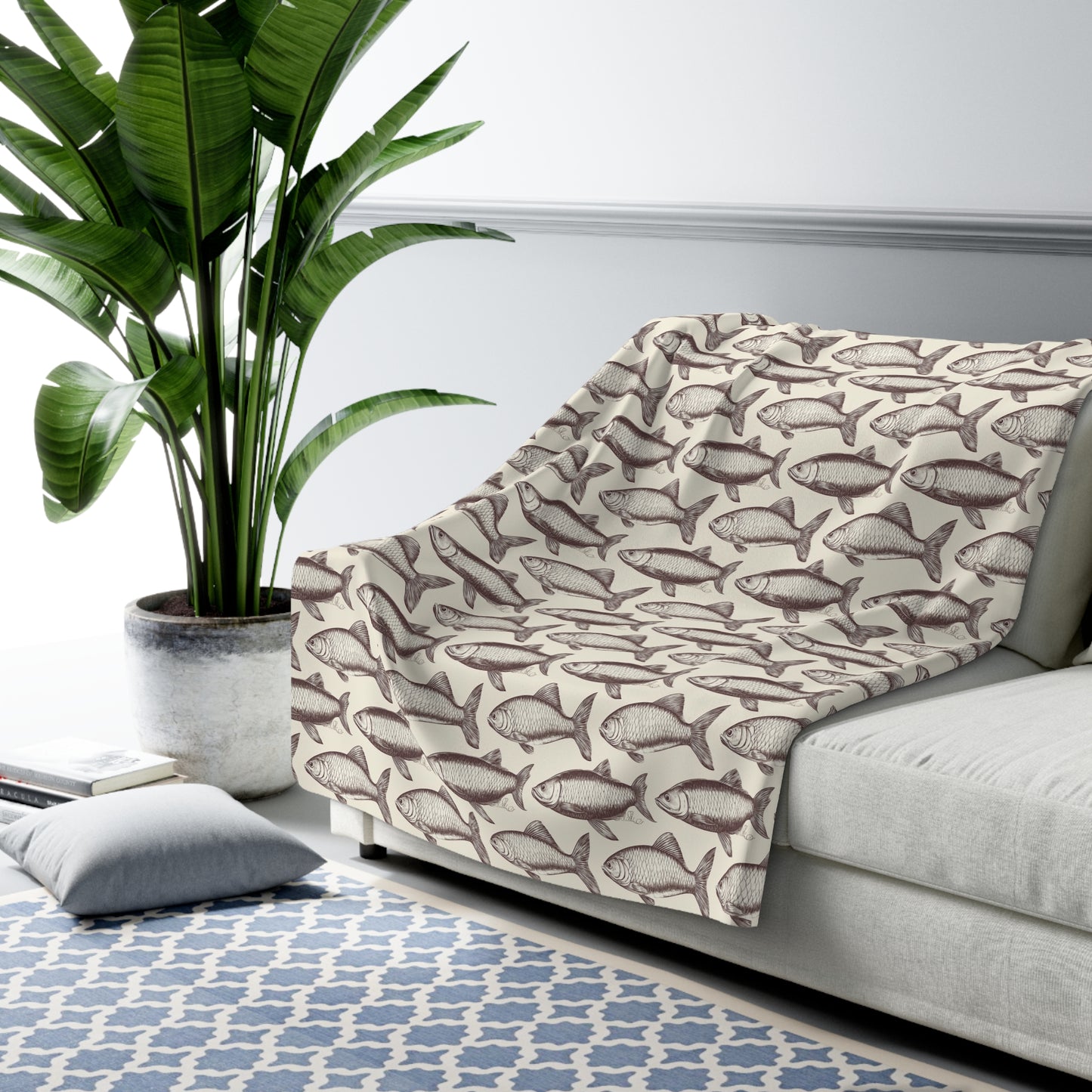 Cozy Fish Pattern Sherpa Fleece Blanket | Warm Throw, Perfect for Home Decor, Gifts, Camping, and Beach Days