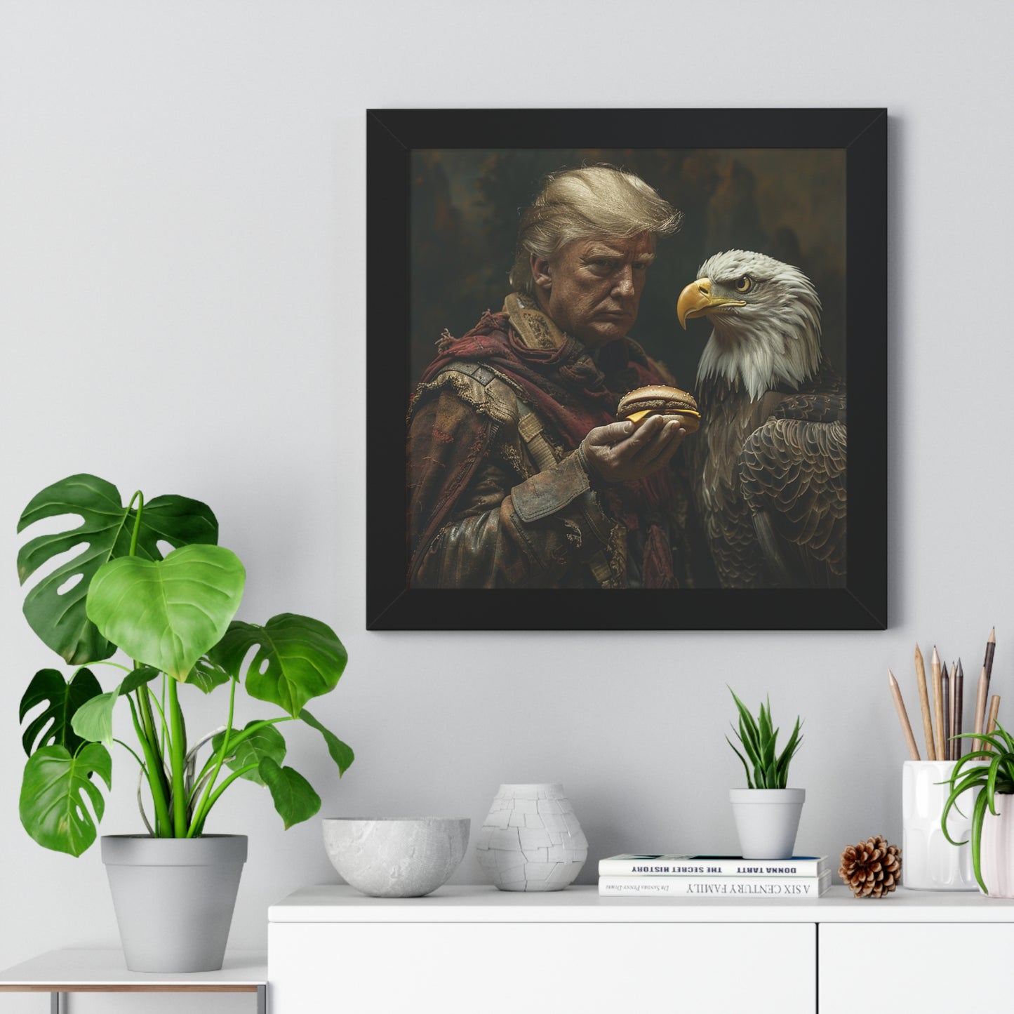 Donald Trump Framed Vertical Poster - Patriotic Wall Art, American Decor, Unique Gift, Home Office Decor, Eagle & Burger Design