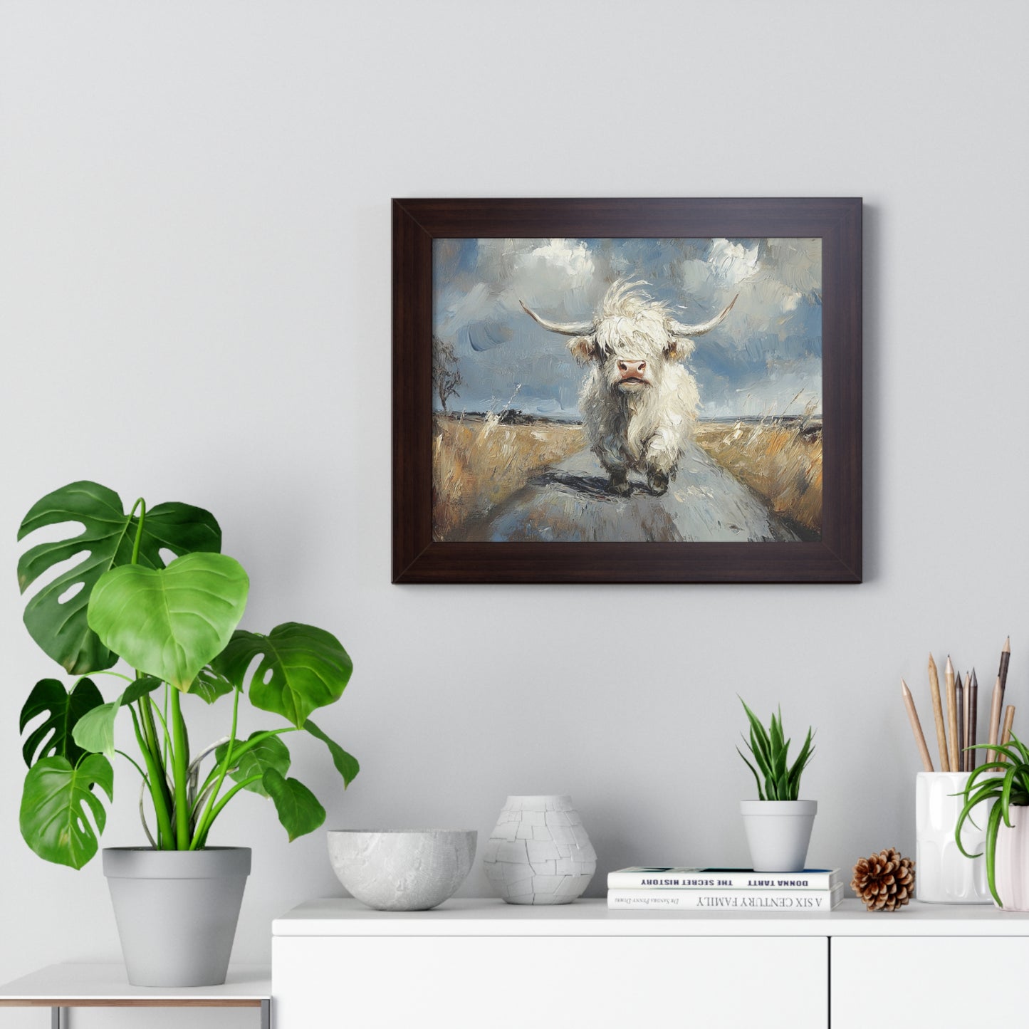Poster - Cute White Highland Cow Running Down Road Escapee