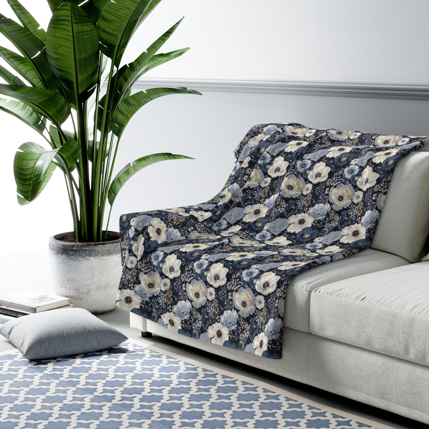 Dark Blues Floral Sherpa Fleece Blanket - Ideal Gift for Weddings, Birthdays, Housewarming