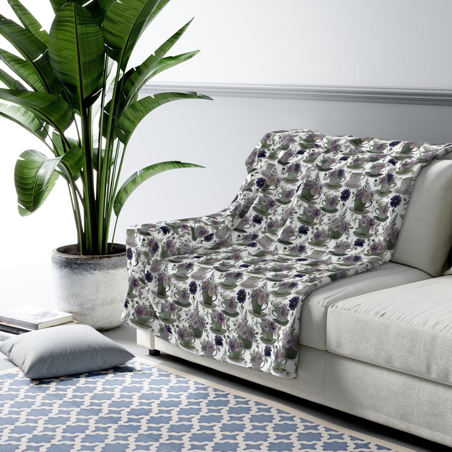 Floral Sherpa Fleece Blanket, Cozy Throw for Home Decor, Gift for Her, Boho Style