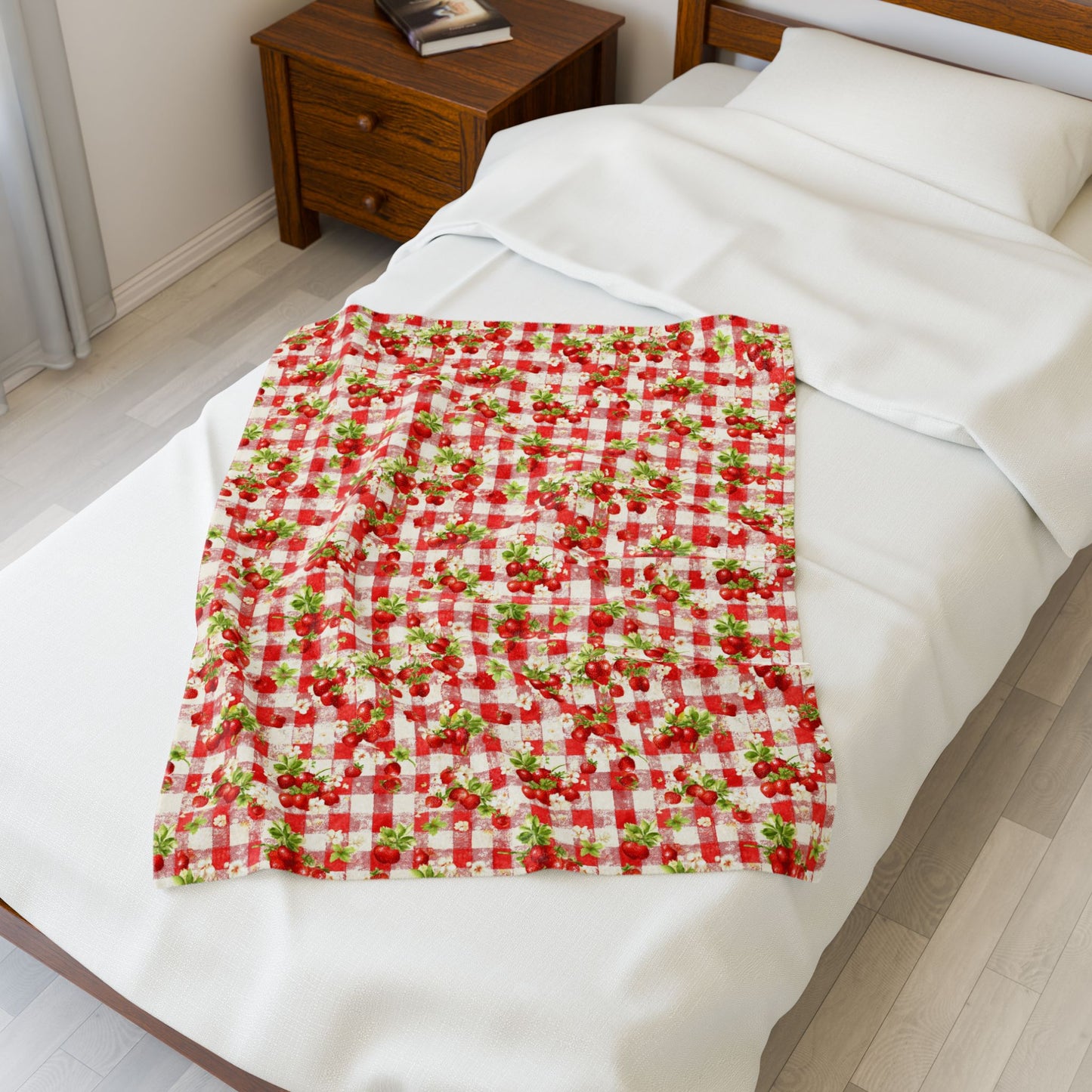 Cozy Strawberry Picnic Velveteen Plush Blanket, Soft Throw Blanket, Home Decor, Gift for All Occasions, Cozy Living Room Accessory