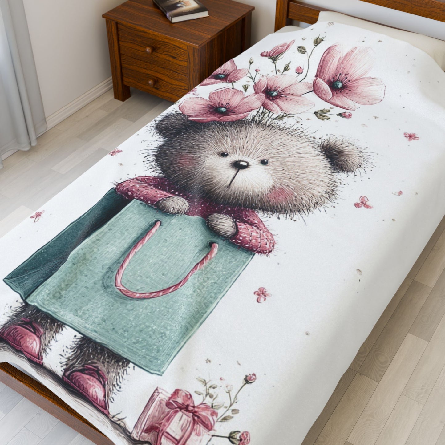Adorable Floral Teddy Bear Velveteen Plush Blanket, Cozy Gift for Kids, Nursery Decor, Plush Throw, Baby Shower, Birthday