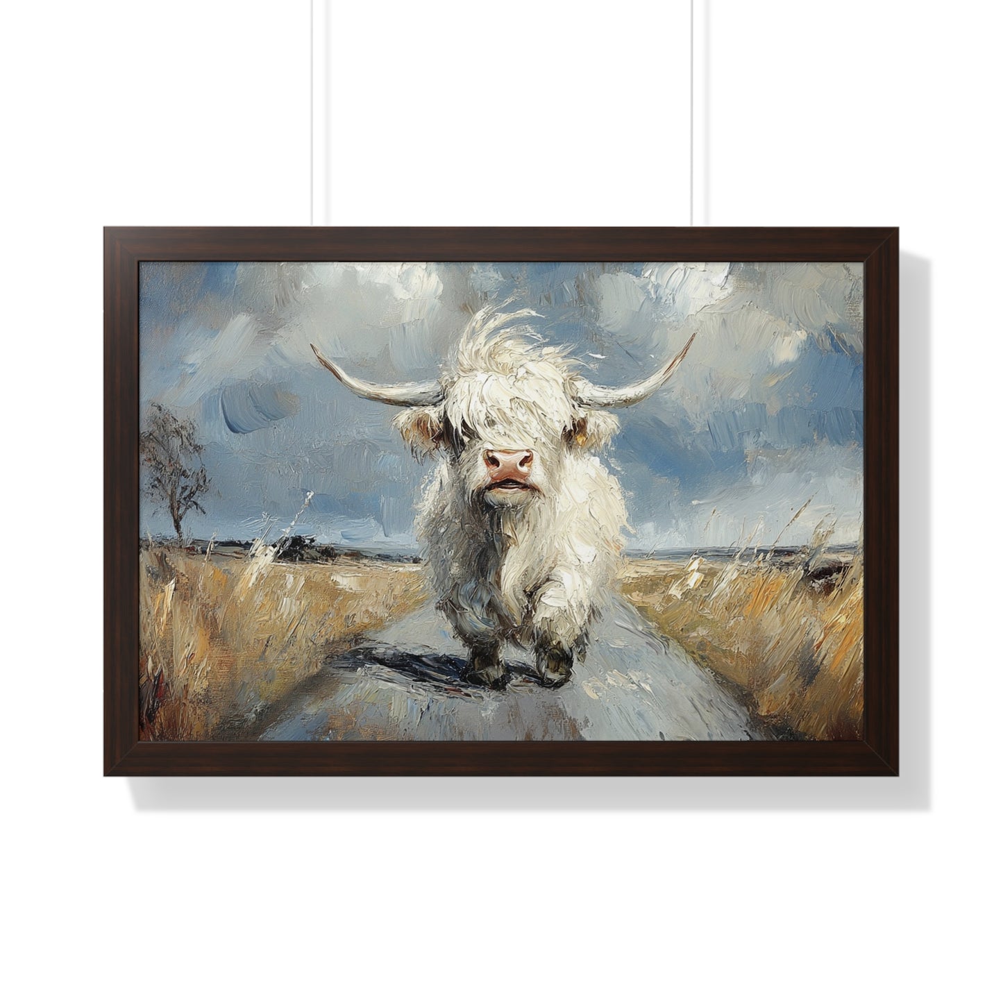 Poster - Cute White Highland Cow Running Down Road Escapee