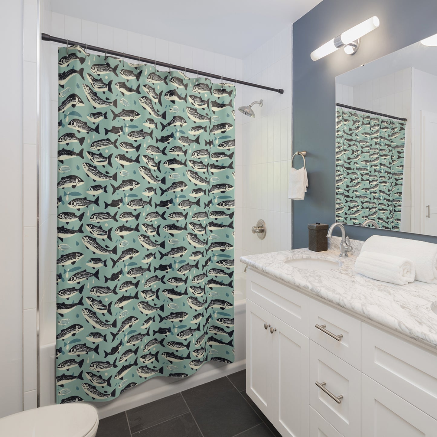 Fish Pattern Shower Curtain | Nautical Bath Decor, Unique Bathroom Accessory, Gift for Fisherman, Ocean Lover, Beach House Style