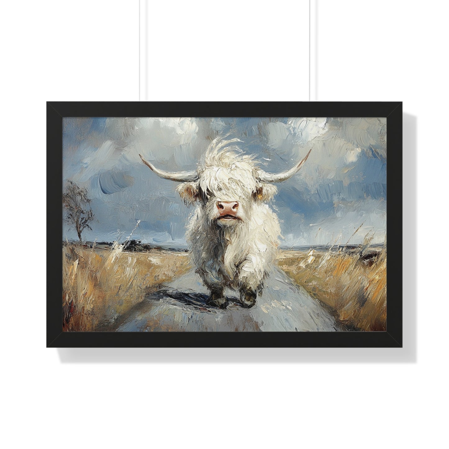 Poster - Cute White Highland Cow Running Down Road Escapee