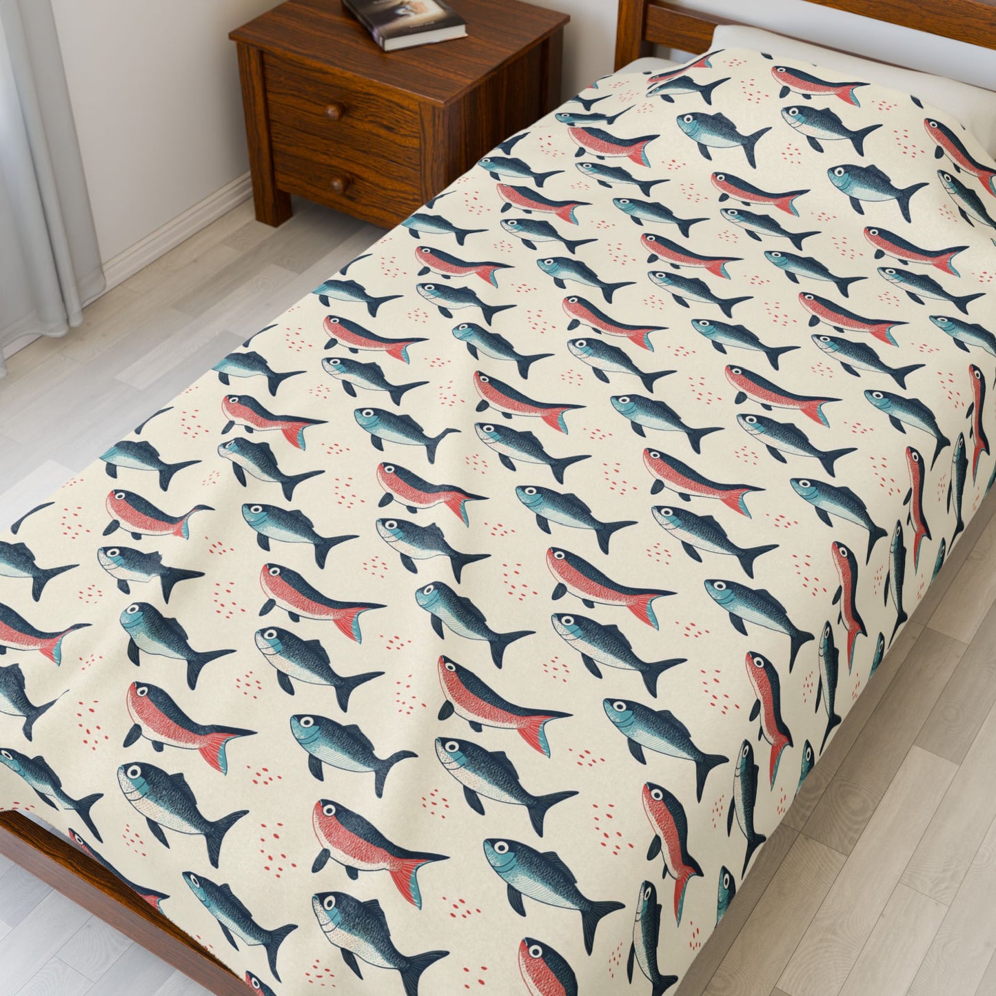 Whimsical Red Blue Carp Velveteen Plush Blanket, Cozy Home Decor for Fisherman Tan Background