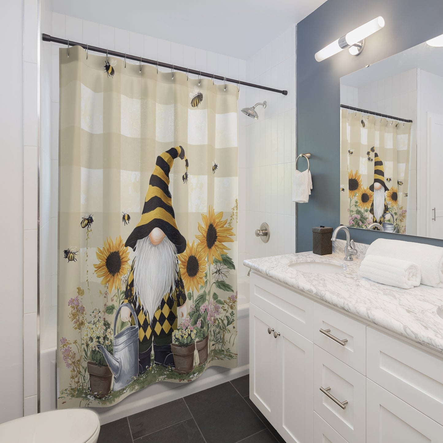 Sunny Gnome Shower Curtain, Bee Themed Home Accessory, Gift for Garden Lovers, Cute Bathroom Update