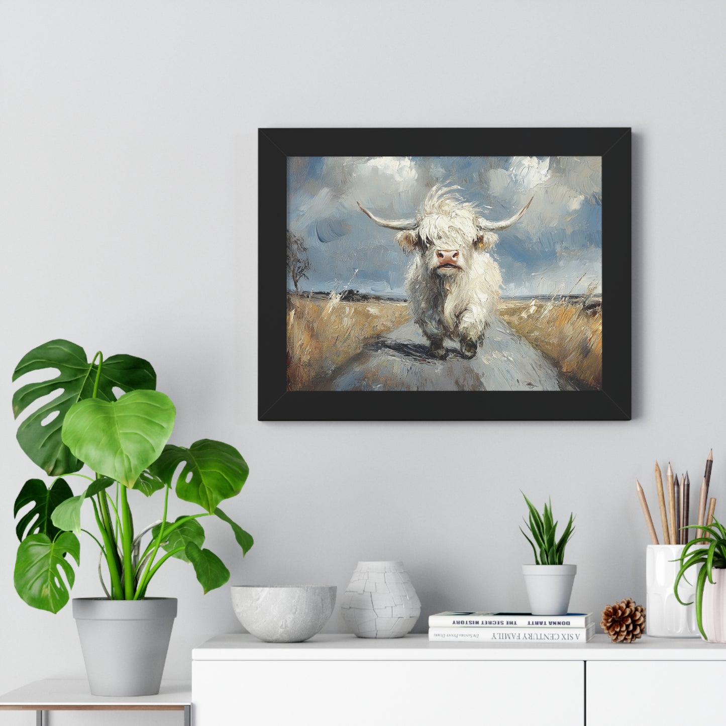 Poster - Cute White Highland Cow Running Down Road Escapee