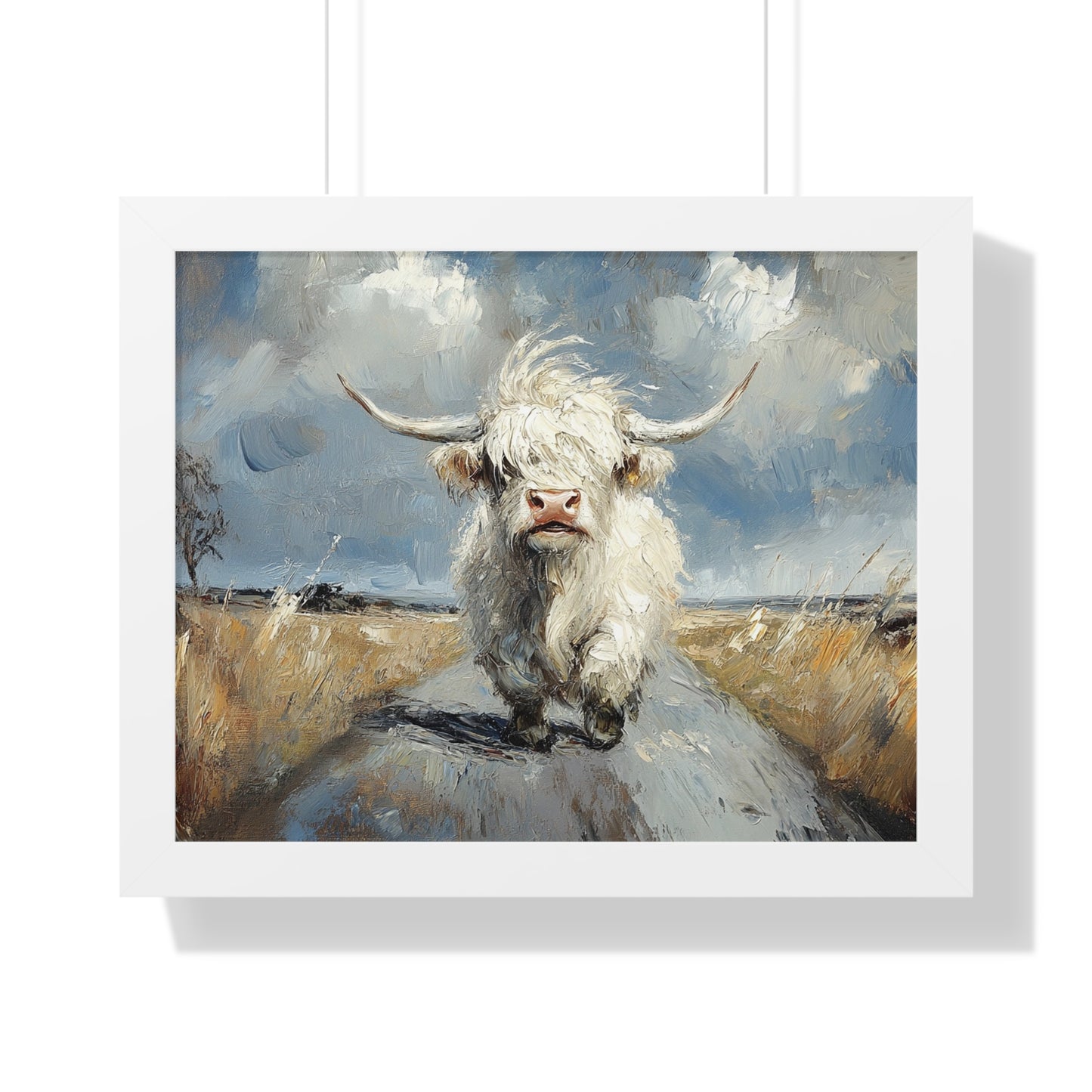 Poster - Cute White Highland Cow Running Down Road Escapee