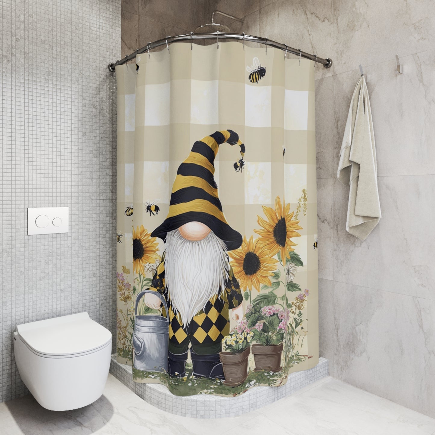 Sunny Gnome Shower Curtain, Bee Themed Home Accessory, Gift for Garden Lovers, Cute Bathroom Update
