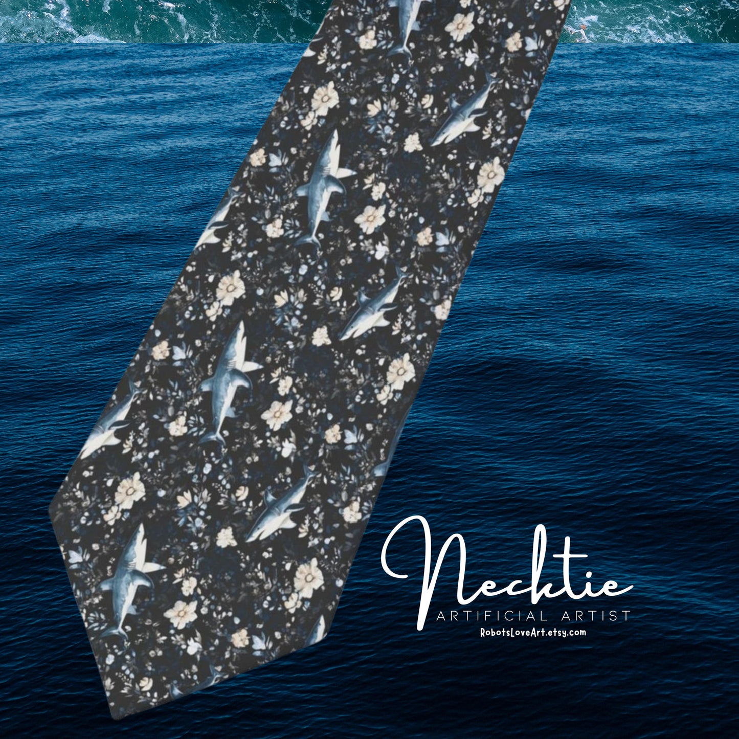 Blue Floral Sharks on Black Background Necktie | Unique Gift for Men | Office Wear, Formal Events, Weddings