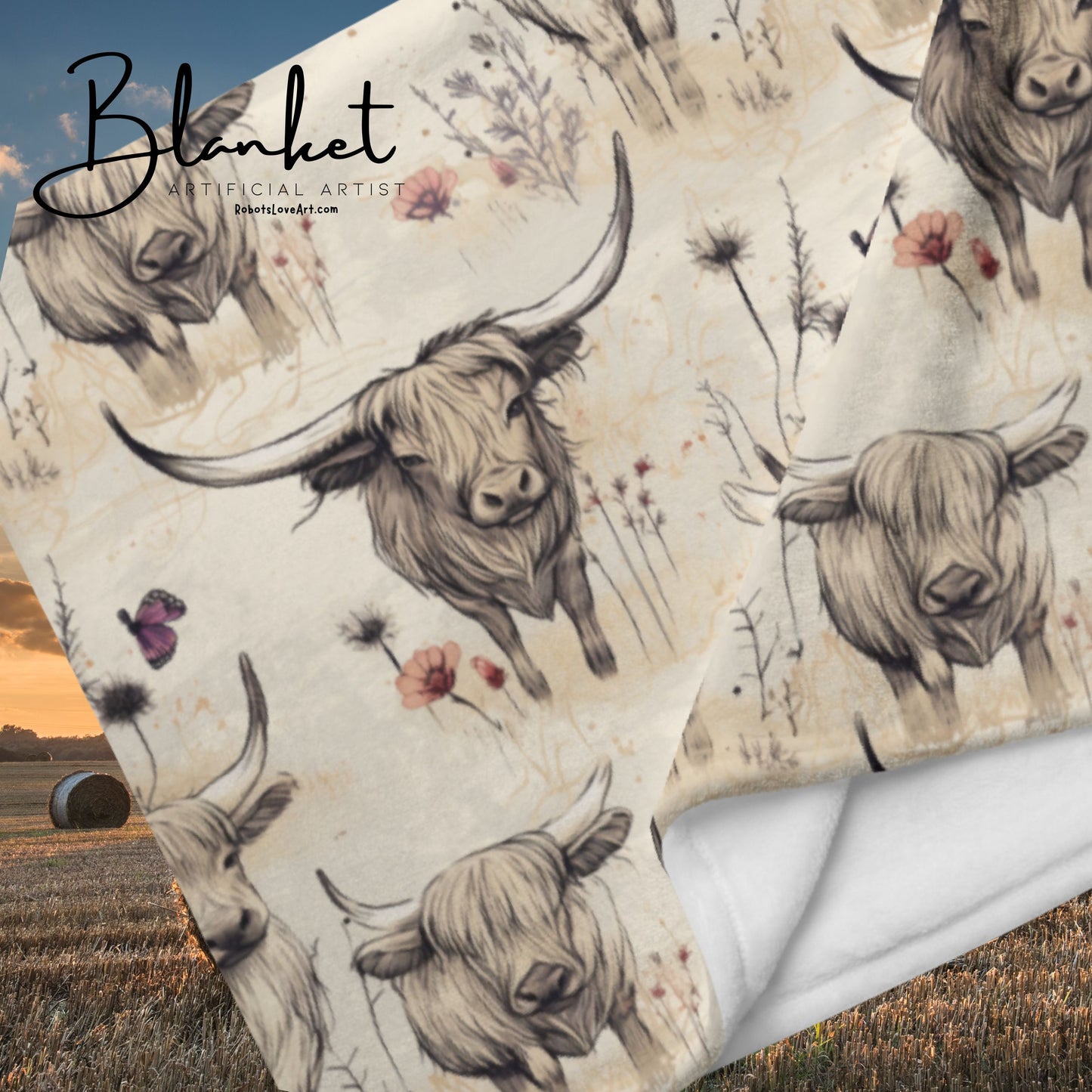 Girl Grunge Country Highland Cow Pattern Throw Blanket | 2 Sizes