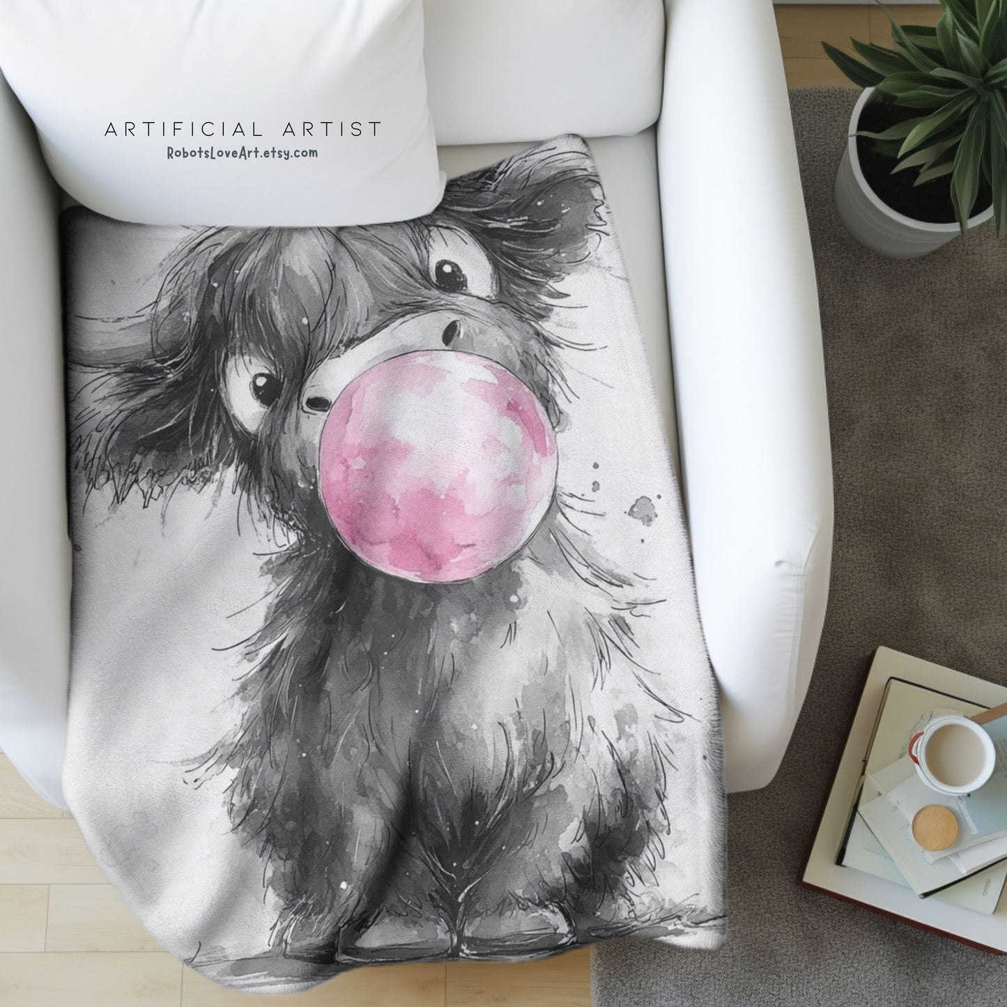 Adorable Baby Highland Cow Bubblegum Velveteen Throw Blanket